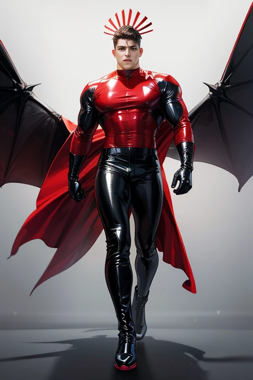 full Body photorealistic handsome Hunky Ravena, wearing black and red tight fit latex spandex with boots and gloves. with wide massive detailed wings and headdress