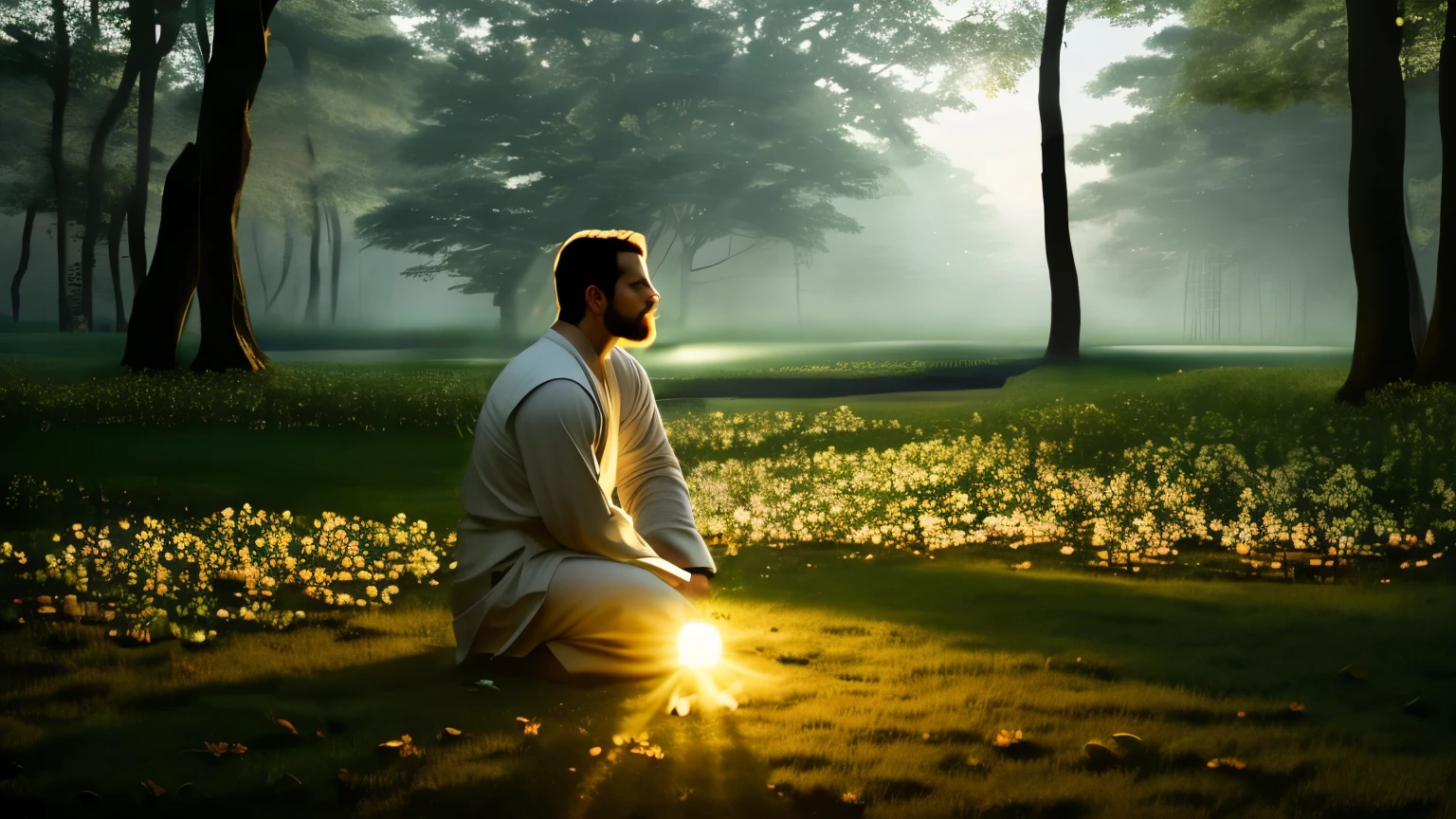 In this profound and thought-provoking artwork, a serene man is depicted, exuding wisdom and tranquility. The subject is illuminated against a backdrop of twilight, casting long shadows that dance upon the canvas, creating an atmosphere of deep introspection. The man's eyes, radiating empathy and understanding, are a striking contrast to the surrounding dimness, highlighting the importance of his message.
He is positioned at the edge of a tranquil forest, where the trees seem to embrace him, symbolizing the harmonious union of man and nature. In his hands, he holds a simple lotus flower, its petals unfurled, representing the beauty and simplicity of True Med