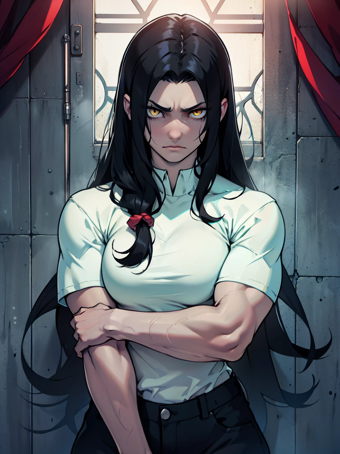 sad pale muscular girl breasts hair black hair yellow eyes extremely long hair sad