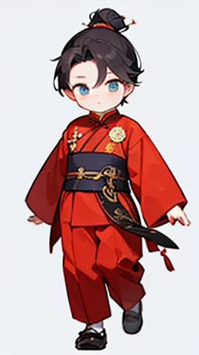 Ancient Chinese、Boy in ancient Chinese costume、Intelligent boy、Looking into the camera、Topknot on head、solid、Walking alone、hanfu、