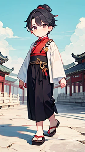 Ancient Chinese、Boy in ancient Chinese costume、Intelligent boy、Looking into the camera、Topknot on head、solid、Walking alone、hanfu、
