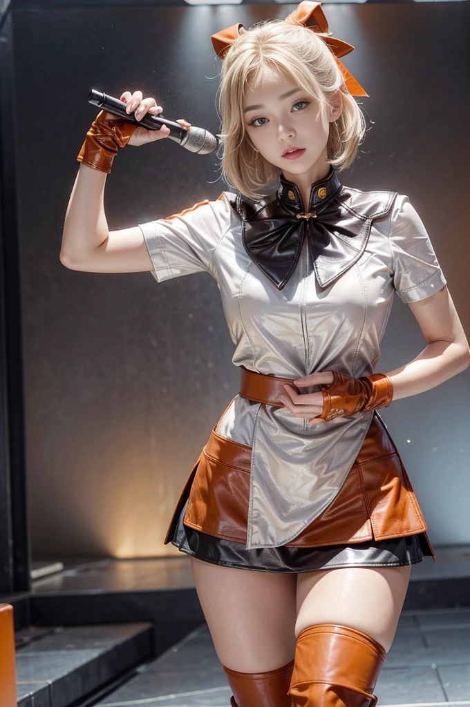 (Front focus、Perfect anatomical structure:1.5)、(Super detailed、16k quality、Genuine Leather: 1.6)、high resolution、超Predominant質な肌、Surrealism、Photo realism.movie lighting、The face is rich in detail、1 beautiful Thai girl、 (A 19-year-old girl,Half Thai and half Japanese.、Smile:1.3)(Blonde そして gold hair color、Large target slit eyes、Eyeshadow、Eyeliner、blue eyes:1.5)Blonde、(Gradient,Bright hair ends:1.2)Long shiny girl makeup、(Unbalanced chest、Large target :1.4)sunburn、Eyeliner、red lips. rest
(Orange and white military uniform style idol stage costume:1.3),
Color theme:(The main colors of the clothing are orange and white:1.5),
Predominant: (Orange and white military uniform:1.5),medal,Epaulettes,
skirt: (プリーツskirtはオレンジを基調としています:1.2),Balancing act of ease and style.,
Accessories: (Add a ribbon:1.3),Gloves and decorative belts,
shoe: (Orange and white boots),rest(Live performances in a glittering live performance hall)(Guitar Vocals:1.5)(Singing with a standing microphone🎤:1.3)(Excited audience、腕をPredominantげて喜ぶ観客達:1.6)