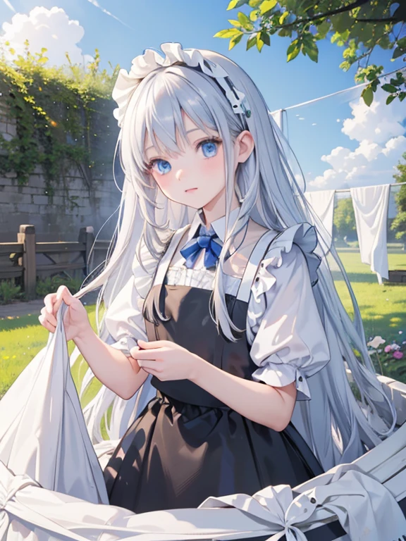 masterpiece, highest quality, Very detailed, 16k, Ultra-high resolution, 12 year old girl, Detailed face, blue eyes, Silver Hair, Long Hair, Black maid outfit, blue sky, garden, Clothesline, Sheets, Laundry drying