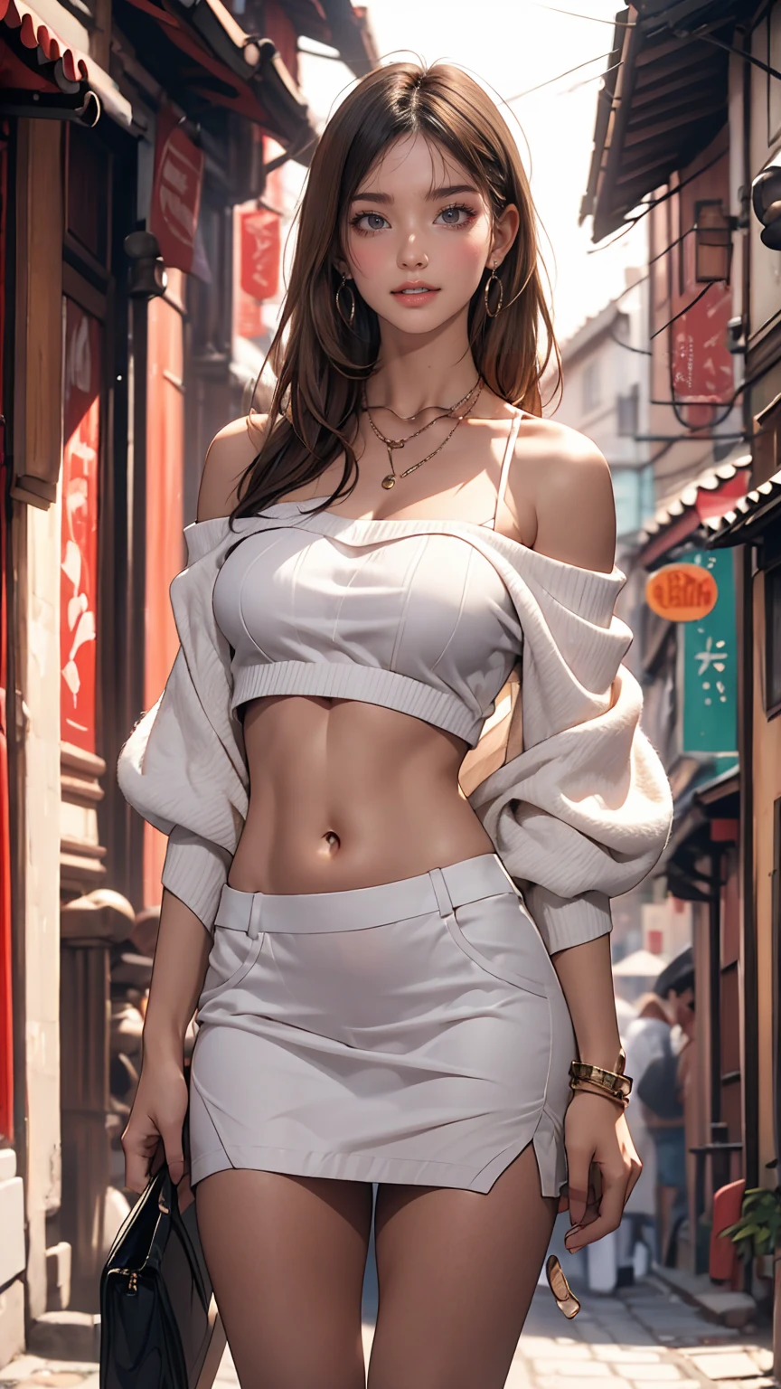 25-year-old Caucasian female、Wear off-the-shoulder tops、Lower milk visible、I can see my belly button、Wear a low-rise miniskirt、In the alleys of the old town、smile