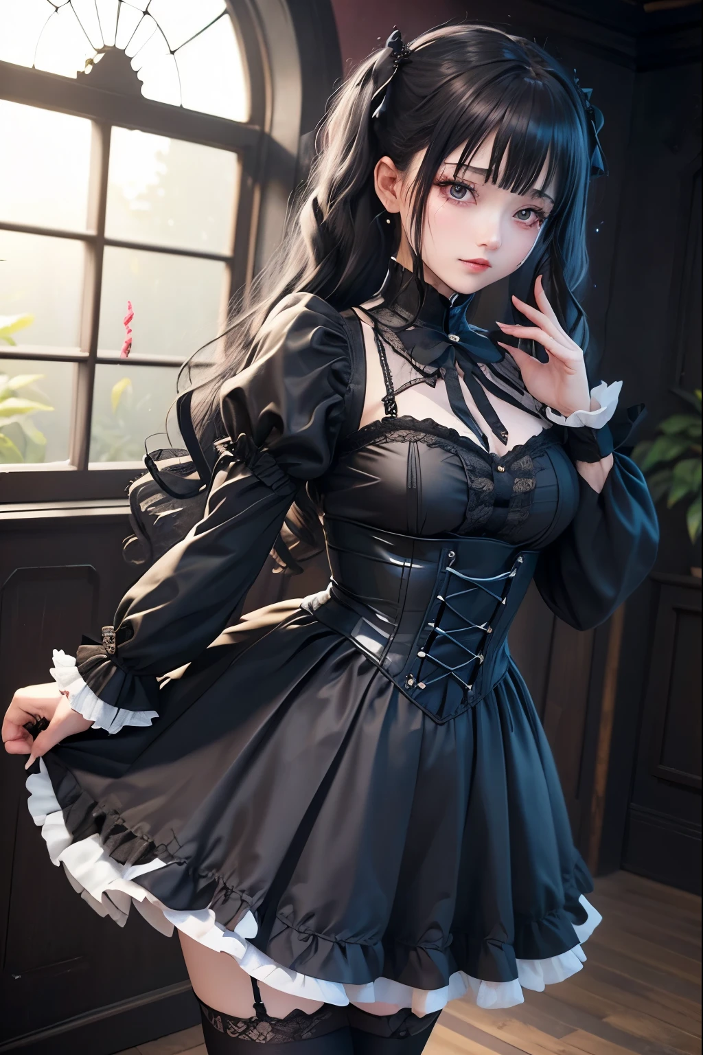 ハードDark Gothicメイク、Deep Night Sky、Horror、Black dark eyeshadow、cry、sad、Good skin radiance、Dark Gothicメイク、Dark smile、palace、The beauty of fragrance、24-years-old、Expressions of intense sexual pleasure、Embarrassed look、Dark Gothic、Obscene language、highest quality、Drunk face、紫のMaid clothes、Mysterious、Noble、sexy、Loving smile、Twin tail hair、Right blue eye, Left eye is red、Platform Heel Shoes、Heavy makeup、Gothic Lolita Clothing、A little slimmer、Silver Hair、Long Hair Straight Hair、Cute Gothic Lolita Dress、Beautiful Face、elegant features、Fascinating face、Stained glassが背景、Chest glistening with sweat、The room is dark、goth long dress、Bell Sleeves、Wizard Sleeve、Decadent look、Sexually excited expression、Glossy thighs wet with water、Thighs that are wet and shiny with oil、Background of a room full of roses、sad表情、Rose Maiden、The embroidery is pink、The dress has pink embroidery、Thigh-high socks、Knee-high socks、Gentle expression、Dark black eyeshadow、Stained glassと薔薇背景、Female Duo、Female couple、dark church background、Stained glass、Black metal world、Dark Castle、Dark Room、Slender body、upright、walk、Are standing、gothic long dresaid clothes、Victorian dresses、Her thighs glisten with sweat、My body is wet and shiny、Lots of glitter on the thighs、sweating、My thighs are sticky from sweating、Sweat glistens on the thighs, The whole body is sweaty and shiny、Quite sweaty、My thighs are sweaty、My thighs are so wet、My thighs are shining with sweat、A lot of sweat glistens all over the body、The thighs are the best、Thighs are glamorous、Small breasts、Playing guitar、Singing while playing the guitar、les paul guitar、Holding a guitar、Playing in a band、