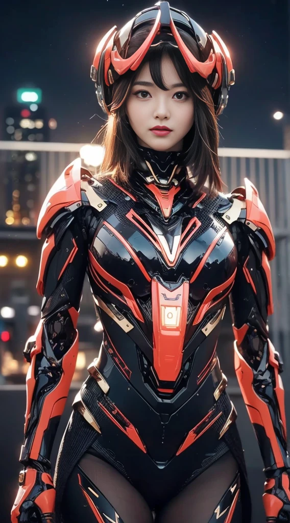 masterpiece, Highest quality,Photo Real, Fine eyes and lips,Detailed Iris,Realistically drawn skin,(future:1.1), ((Red cyberpunk suit),Full metal body,Mirror-like reflection,Super Large Shoulder Armor,V-neck),((Metallic Glow,neon:1.3,Reflective plate)),Super Detail,Professional Lighting, Photon Mapping,Trippy colored light:1.5,(素晴らしいfuture), Ultra-detailed, Great composition,Depth of written boundary, (Highly detailed CG,unity 8k wallpaper), (Beautiful detailed background),Japanese Ido,Japanese actress, Beautiful hair details,Long black hair,Straight Hair,Dramatic Light,Mecha,Highest quality,Ultra-high resolution,Photorealistic:1.5,Huge boobs:1.8,超Huge boobs:1.8,Cleavage,((Dynamic Angle)),(A kind smile),(((Dynamic Pose,Run in a forward-leaning position,Combat pose,Shot from behind the image,looked back))),((Random posture)),(((thunder,Space Battleship,Wilderness of Fire,Very strong winds,In the Storm,Very heavy rain,強風になびくLong black hair,Straight Hair))),Wet,With weapons,Alone