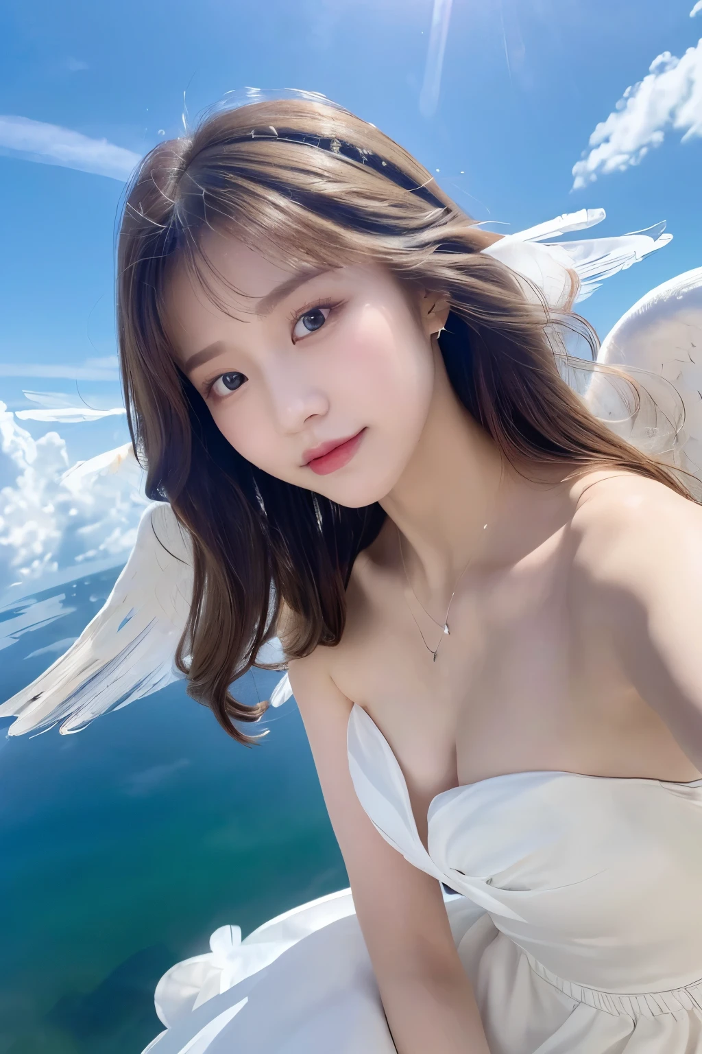 (((masterpiece、high resolution、high quality、Ultra-high resolution、Delicate、sunlight)))1 female、Brown hair long、White ring on head、Dense lips、((Angel、White Wings、White Feather、White Dress))、Above the Clouds、blue sky、太陽のsunlight