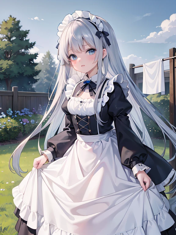 masterpiece, highest quality, Very detailed, 16k, Ultra-high resolution, 12 year old girl, Detailed face, blue eyes, Silver Hair, Long Hair, Black maid outfit, blue sky, garden, Clothesline, Sheets, Laundry drying