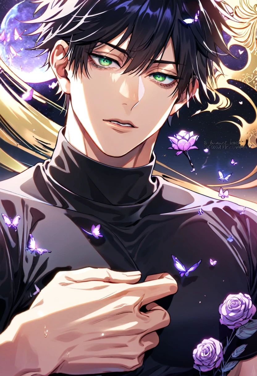 (absurdres, highres, ultra detailed, HDR) master piece, best quality, perfect face, delicate features, Fushiguro Touji, straight black hair, expressive green eyes, scar near his lips, Jujutsu Kaisen, solo, sexy man, handsome, toned chest, black tight shirt, moon, purple flames, purple butterflies, purple roses, starry sky
