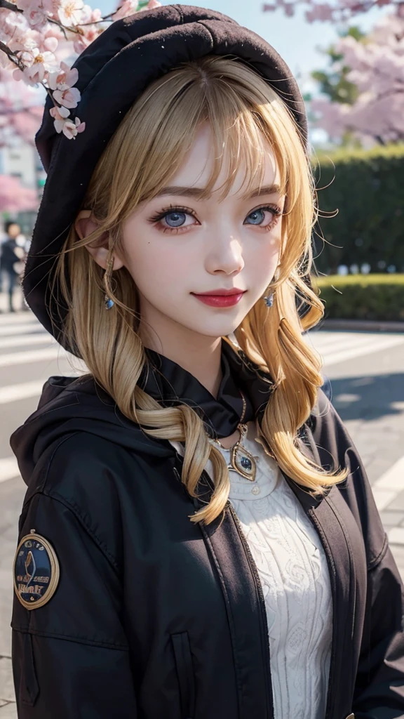 1 Girl,coat,hood,Jacket,((粗呢coat)),Lips,Lipstick,lattice,lattice裙,Reality,skirt,Solitary,Standing,best quality,Photo Realism,masterpiece,8K,high resolution,Solitary,(((Miss) ))、(Medium bust)、((looking at the audience))、(looking at camera)、(long hair、blond)、(Professional lighting、Blurred Background)、Top view、The facial details are extremely rich、Stylish and trendy atmosphere、Japan,street,garden,river,Cherry blossoms,((daytime)),(portrait:0.6),诱人的Smile,Gorgeous,Flowing hair,(Light Particles,lens flare,发Light Particles:0.6),(Dynamic poses:1.2),soft light,blonde,whole body,Narrow face,Smile,There are obvious moles under the eyes,blue eyes