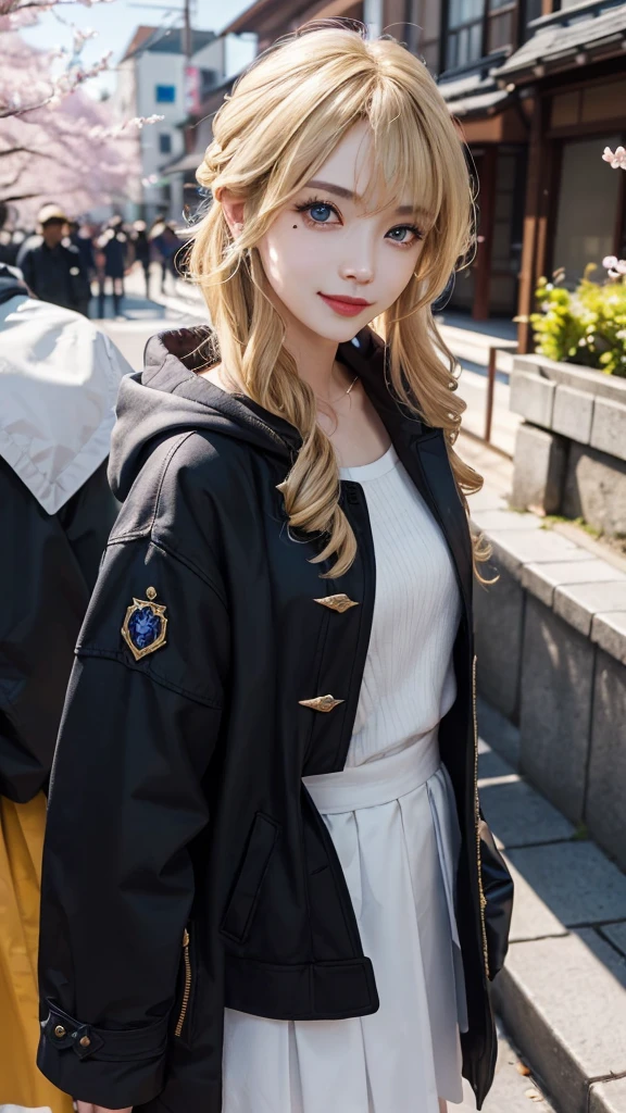 1 Girl,coat,hood,Jacket,((粗呢coat)),Lips,Lipstick,lattice,lattice裙,Reality,skirt,Solitary,Standing,best quality,Photo Realism,masterpiece,8K,high resolution,Solitary,(((Miss) ))、(Medium bust)、((looking at the audience))、(looking at camera)、(long hair、blond)、(Professional lighting、Blurred Background)、Top view、The facial details are extremely rich、Stylish and trendy atmosphere、Japan,street,garden,river,Cherry blossoms,((daytime)),(portrait:0.6),诱人的Smile,Gorgeous,Flowing hair,(Light Particles,lens flare,发Light Particles:0.6),(Dynamic poses:1.2),soft light,blonde,whole body,Narrow face,Smile,There are obvious moles under the eyes,blue eyes