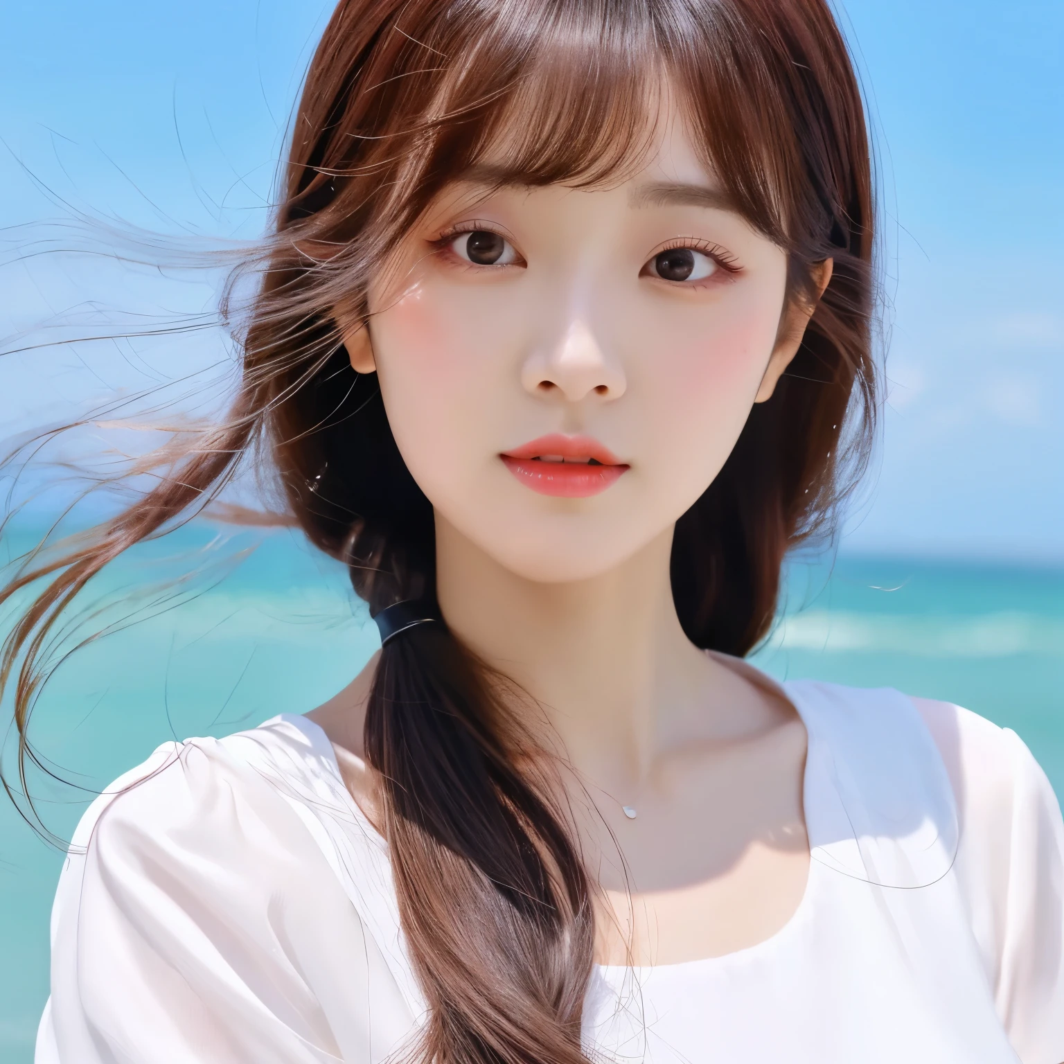 Delicate facial features Bangs Brown ponytail Messy hair Hair is very realistic Wearing a short-sleeved white shirt Background is sky Sea view Du Qiong Exquisite makeup Thin red lips Big eyes Double eyelids Black hole Bright eyes Symmetrical face Face is very realistic Girl's face carefully painted Blushing Super high-looking Looking at the audience Highly realistic skin Sebum reflection Artwork Clothes with real fabric texture Photorealistic painting Movie style Photographic level Ray tracing Realistic light and shadow effects Realism Masterpiece Like the photo effect above 8K highest quality is full