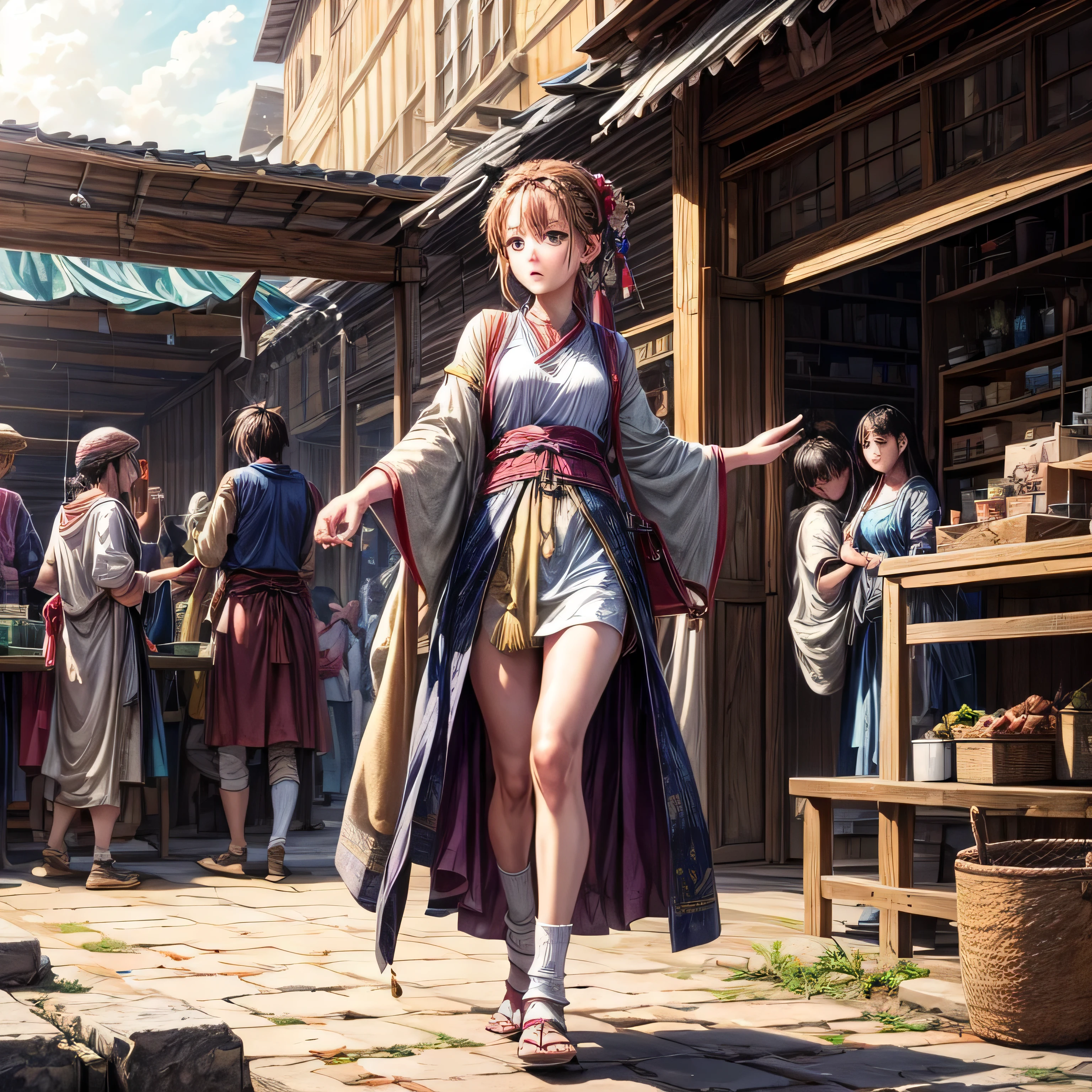 An image of a marketplace where ordinary people gathered in ancient times, A long shot of a short-legged woman standing, Wearing worn out, dusty clothes, Wearing tabi socks