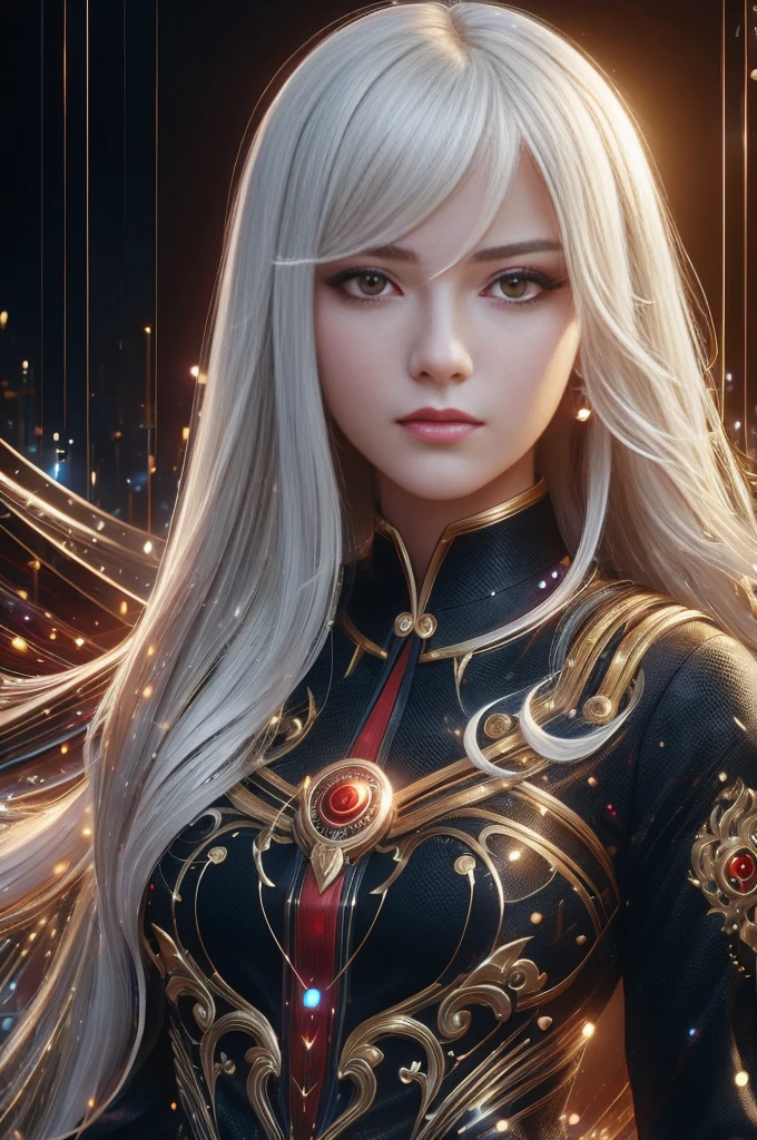 Portrait of a beautiful girl with wavy white hair, Wear a formal black dress with metallic parts, Red Eyes, Letter combination on background, number, Dark, 8K, Intricate details, High quality, 复古future风格, Sharp focus on the center, Soft colors, Art Station, (Science Fiction, future, future theme), (A contemptuous expression appeared on his face), (Detailed description)