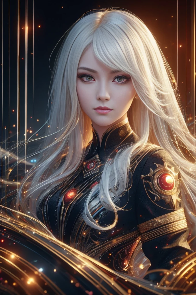 Portrait of a beautiful girl with wavy white hair, Wear a formal black dress with metallic parts, Red Eyes, Letter combination on background, number, Dark, 8K, Intricate details, High quality, 复古future风格, Sharp focus on the center, Soft colors, Art Station, (Science Fiction, future, future theme), (A contemptuous expression appeared on his face), (Detailed description)