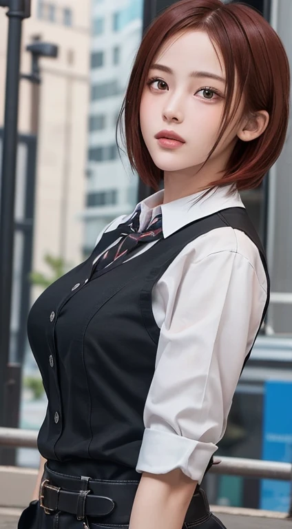 Realistic, Tabletop, highest quality, RAW Photos, One girl, alone, Red Hair、Handsome Short Hair, Detailed face, Fascinating face, Black collared shirt, Medium breast, Dynamic pose, Watching the audience, From below, Detailed Background, Detailed, Intricate details, Ray Tracing, Depth of written boundary, Low Key, nffsw