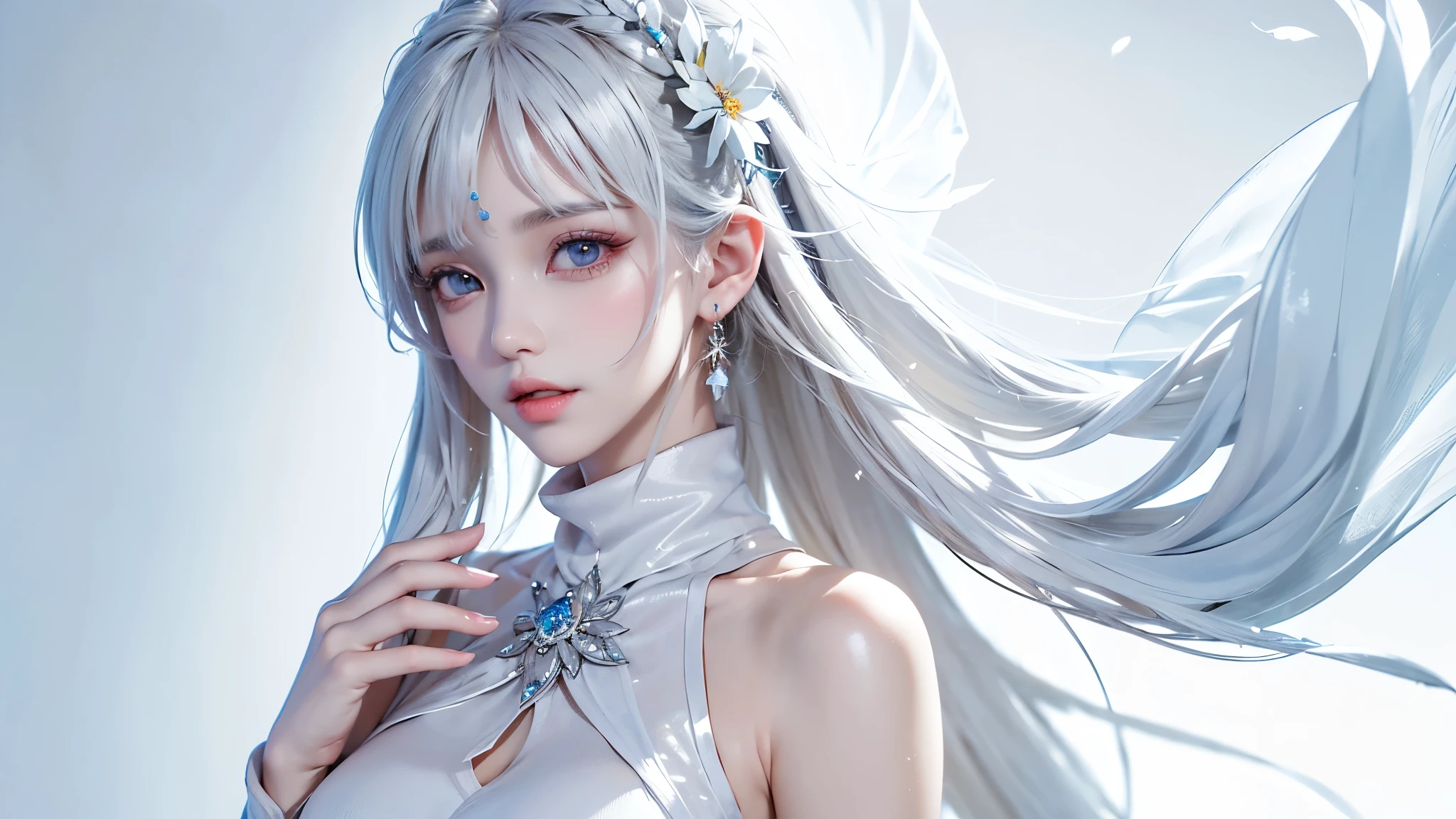 ((Bust up picture))((masterpiece:1.5、8k、Portraiture、Photorealistic and very detailed CG、Very detailed、Particle Effects、Dynamic Effects、Written boundary depth、Cinematic Light、Lens flare、Ray Tracing、Tabletop、Realistic:1.4、超A high resolution:1.2、Realistic、Realistic))((alone、,Woman in turtleneck dress:1.4、Model-like pose:、sideboob、Ample breasts、Detailed face、Bright expression、young, Brighter, Whiter skin、Best Looks、Ultimate beauty、White hair with shiny highlights:1.8、bright and shiny hair,、Super long, Silky straight hair、Hair swaying in the wind))(Fantastic transparent flower々Surrounded by、White Background、Great background、Thin petals fluttering down)
