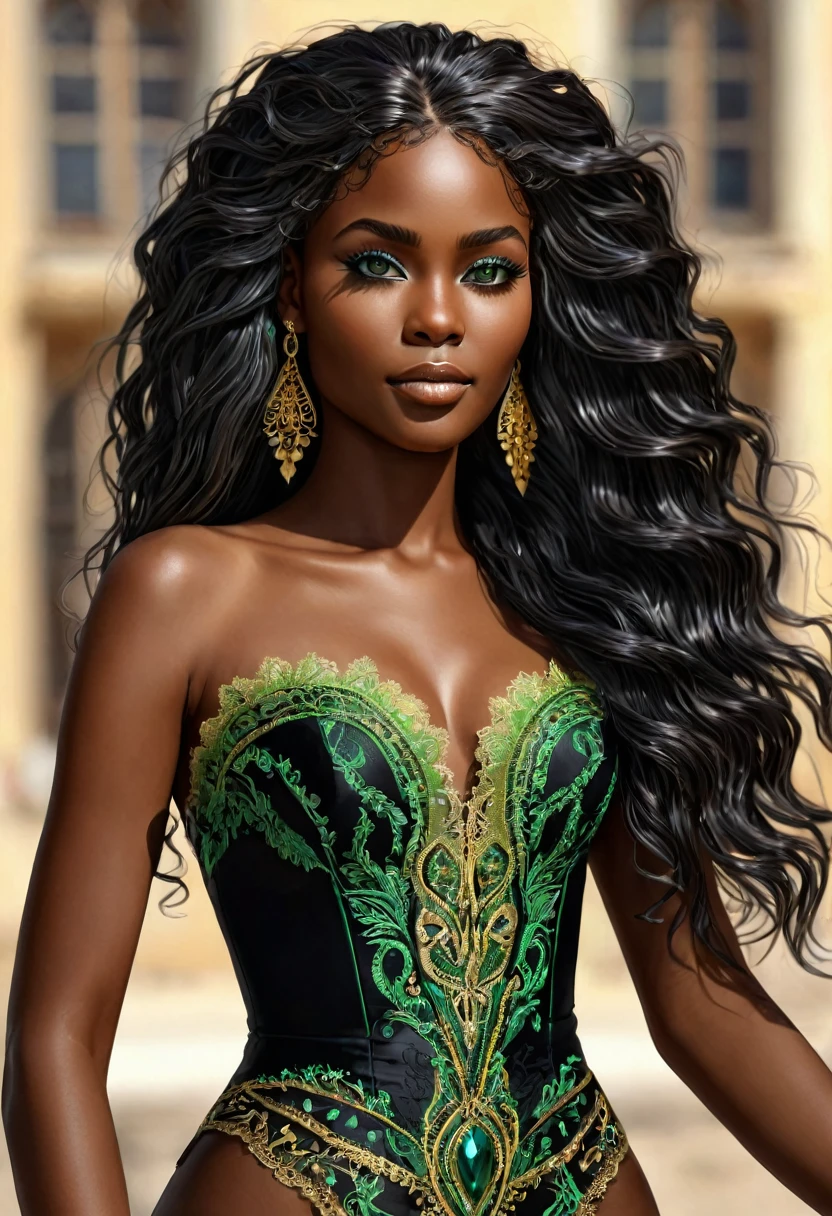 (((Femme noir africaine, peau couleur ébène noir intense et profond, peau parfaite, en mouvement, marche, full body, intelligente, finely embroidered lace bustier))), ((best quality, extremely detailed:1.8, hyperRéaliste:1.5, photorealistic:1.5, grande profondeur de champ, vue de face, very beautiful 35 year old woman, Prise de vue en direct, robe tailleur de directrice)), ((femme debout, she has a serious pose, very long hair, black hair with gold and shiny green highlights, quelques mèches tressées, tresses africaine, bustier, dentelles fines et délicates)), ((detailed black african woman face looking at camera, yeux verts claire électrique, cheffe d’entreprise, feline silhouette, cheveux volant dans le vent)), (photorealistic), sharp eyes, poitrine push-up, very thin waist, jambes longues, longues jambes, fine and detailed hands, detailed hairstyle, very long hair, femme charismatique, charisme, charismatique, sparkling eyes, cheffe d’entreprise, engineer, intelligente, directrice, scientifique,