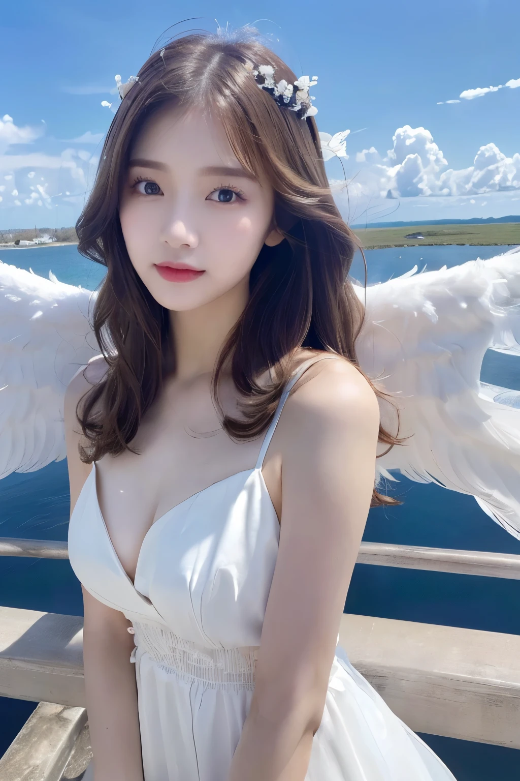 (((masterpiece、high resolution、high quality、Ultra-high resolution、Delicate、sunlight)))1 female、Brown hair long、Dense lips、((Angel、White ring on head、White Wings、White Feather、White Dress))、Above the Clouds、blue sky、太陽のsunlight