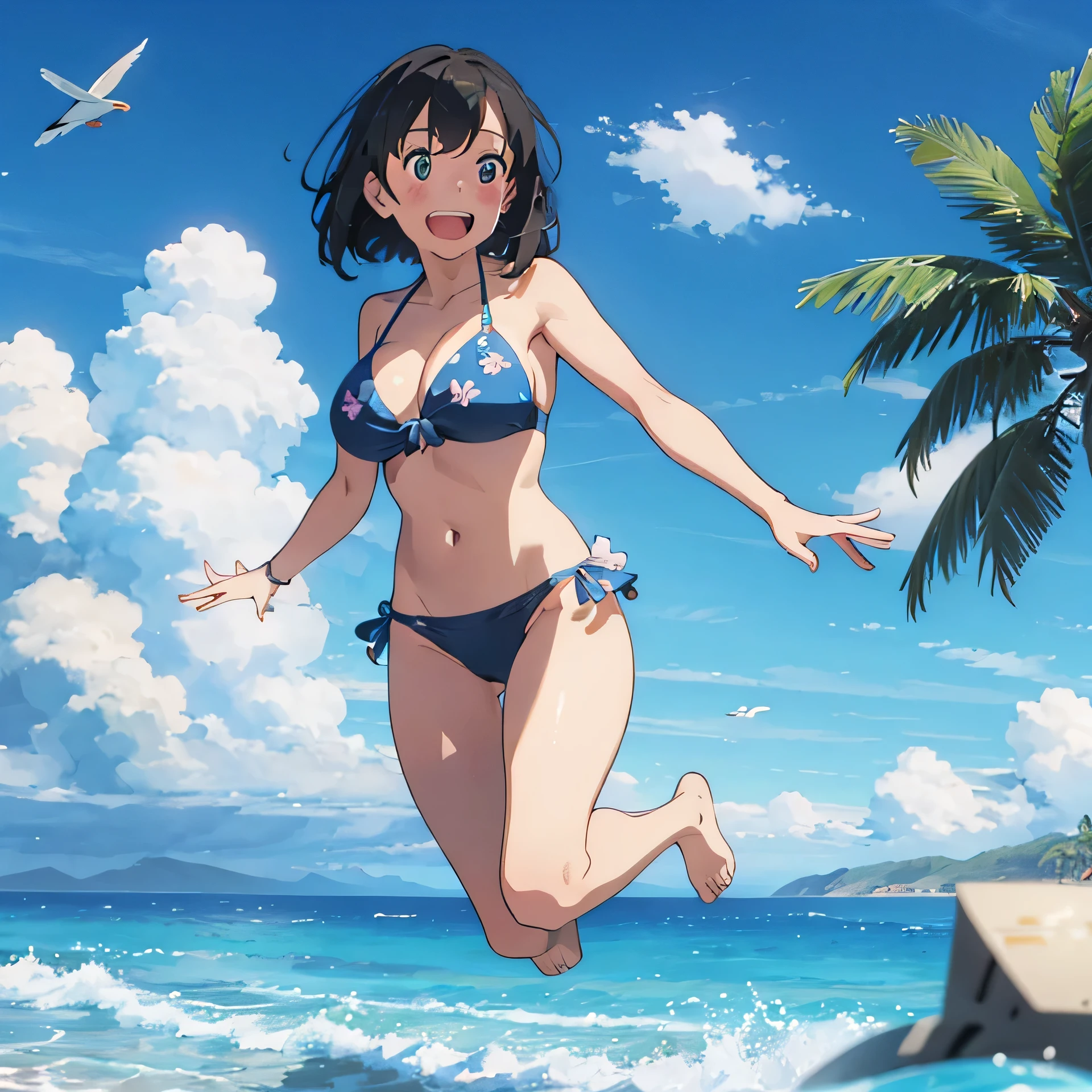 On the sandy shores、A 20-year-old woman with large breasts wearing a blue floral bikini swimsuit jumping happily while waving and pointing her palms towards the camera and laughing、The background is blue sky, cumulonimbus clouds, and palm trees.((Seagull))、A cargo ship can be seen in the distance at sea.、Draw your eyes beautifully、Draw the fingers of the hand correctly