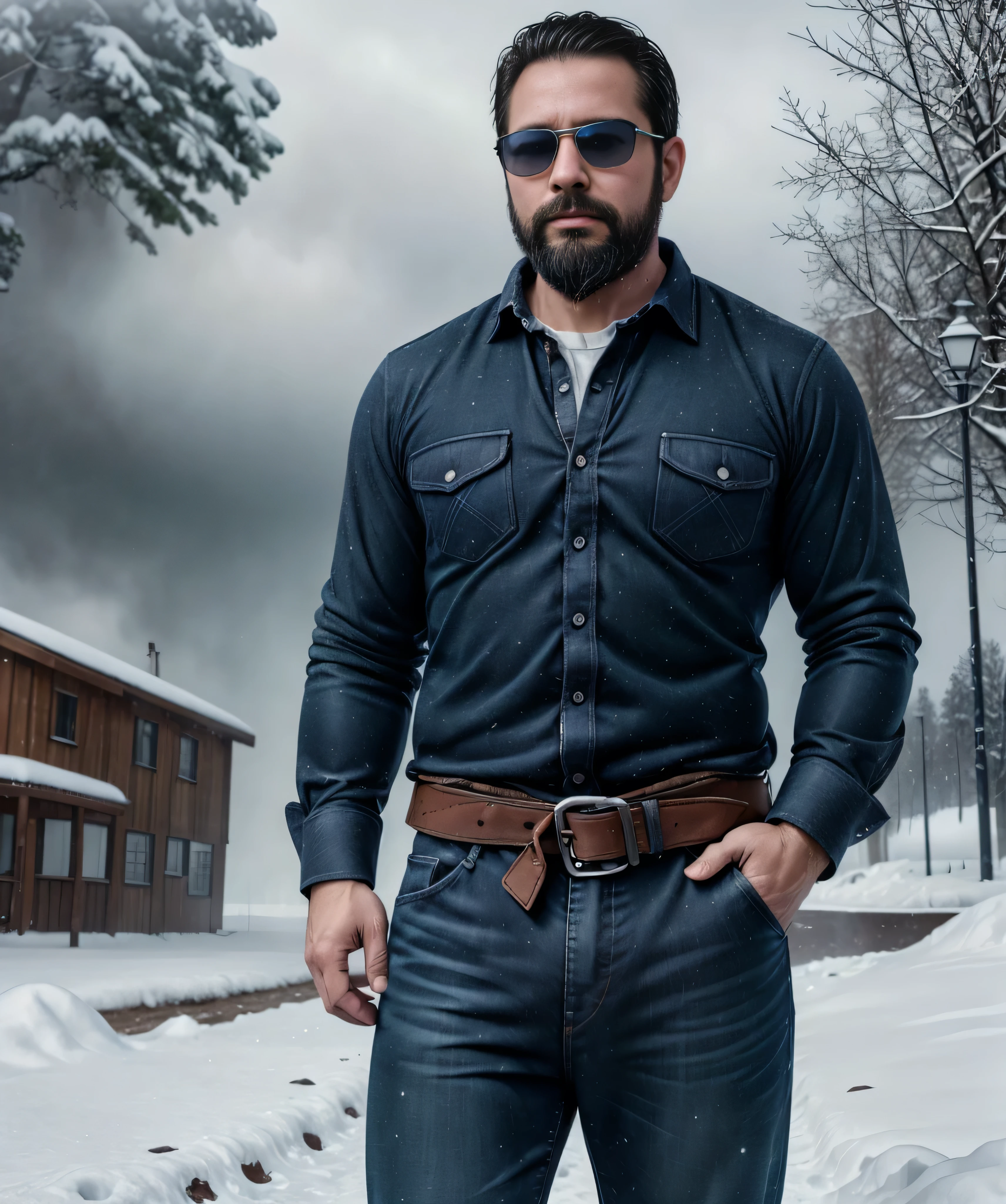 Obra maestra, desenfoque de campo, Parte superior del cuerpo, Hands in pants pockets, 38 year old man with beard and square sunglasses.. Man wearing a plaid shirt in an action movie with a snow storm in the background.