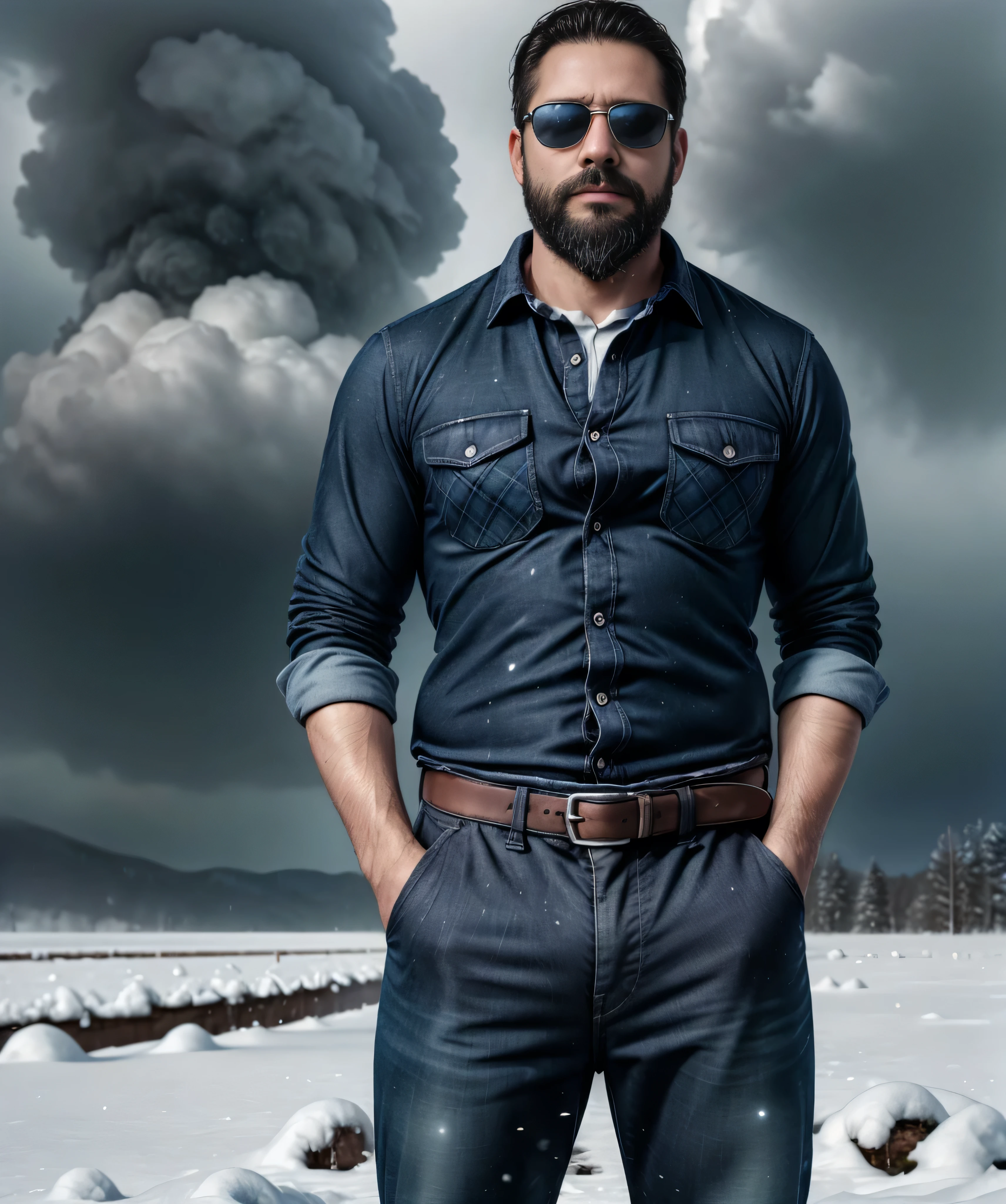 Obra maestra, desenfoque de campo, Parte superior del cuerpo, Hands in pants pockets, 38 year old man with beard and square sunglasses.. Man wearing a plaid shirt in an action movie with a snow storm in the background.