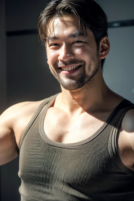 ((highest quality)), ((masterpiece)), (detailed), Perfect Face、Shaved head、Young Japanese、Muscular、Fat body、Big guy、smile、blush, Slightly frown, Smiling a little, Breathtaking, [Open your mouth a little:0.8], sweating, Embrace, (See through:1.2), Tank top, Gloves, (8k, High resolution, highest quality, High resolution, Absurd:1.2), Mirror reflection illumination, Photon Mapping, Radio City, Physically Based Rendering, Light Particles, (Establishing Shot), (Dynamic Pose:1.2), (avert your eyes:1.2), Two boys, (40 years old), Grey Hair, beard, Chubby, Very handsome,