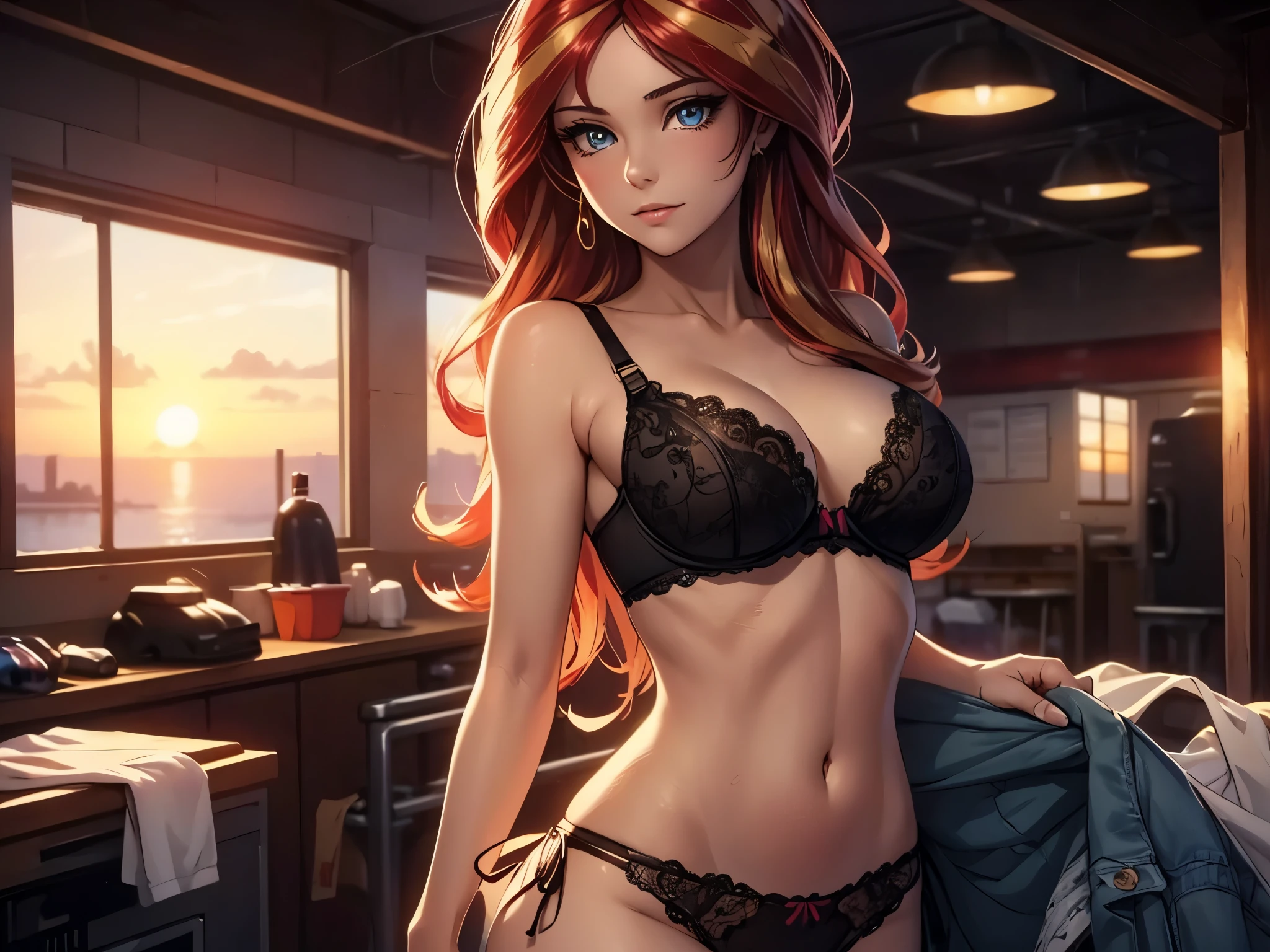 a sunset shimmer in her  and ,laundromat,beautiful detailed eyes,beautiful detailed lips,extremely detailed eyes and face,longeyelashes,1girl,photorealistic,realistic,high quality,masterpiece,detailed description,vivid colors,beautiful lighting,warm color tones,dramatic lighting