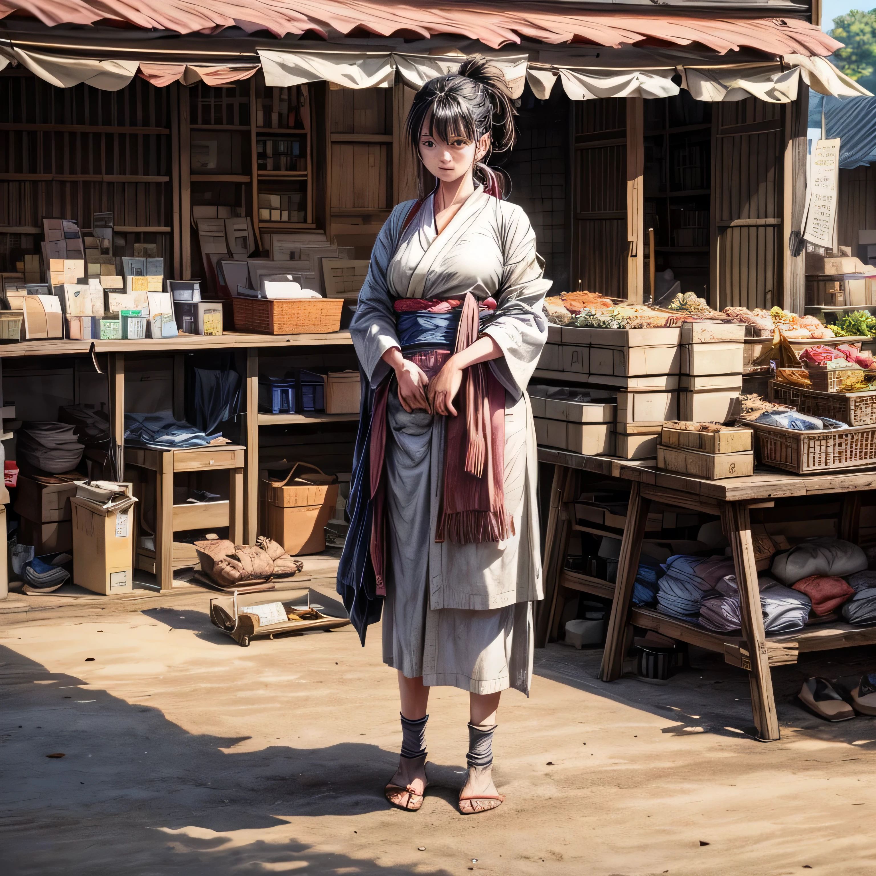 An image capturing a marketplace where common people gathered during the Nara period, A distant shot of an unattractive woman standing, Wearing worn out, dusty clothes, He has no shoes and is only wearing tabi socks.