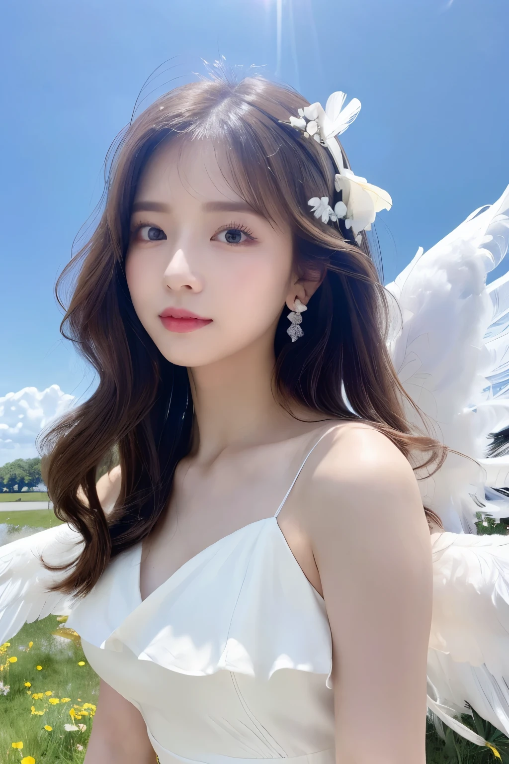 (((masterpiece、high resolution、high quality、Ultra-high resolution、Delicate、sunlight)))1 female、Full Body Shot、Brown hair long、White ring on head、Dense lips、((Angel、White Wings、White Feather、White Dress))、Above the Clouds、blue sky、太陽のsunlight
