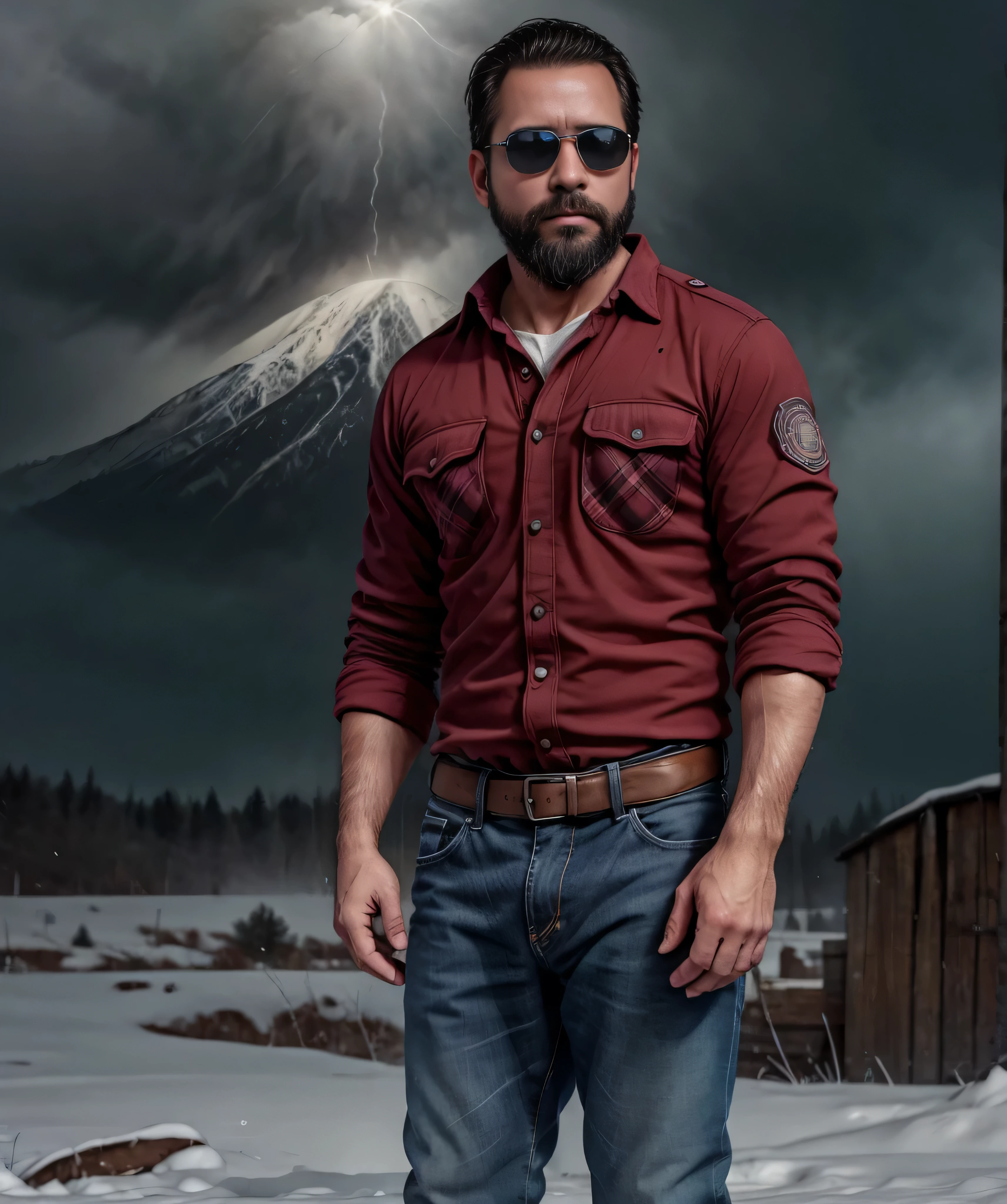 Obra maestra, desenfoque de campo, Parte superior del cuerpo, Hands in pants pockets, 38 year old man with beard and square sunglasses.. Man wearing a plaid shirt in an action movie with a snow storm in the background.