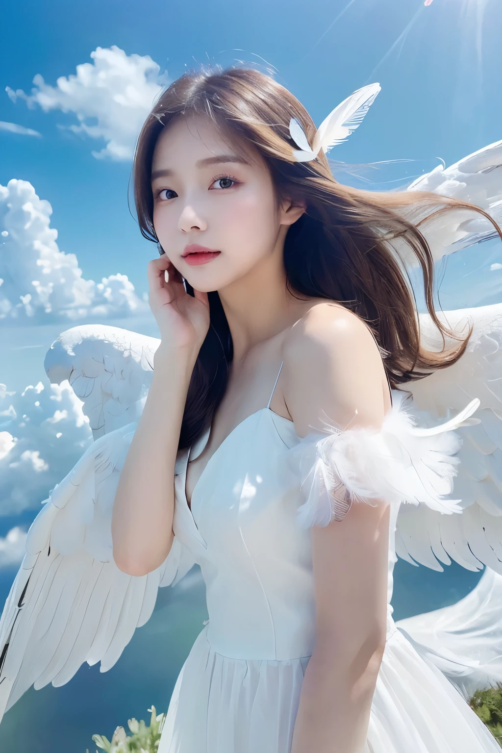 (((masterpiece、high resolution、high quality、Ultra-high resolution、Delicate、sunlight)))1 female、Full Body Shot、Brown hair long、White ring on head、Dense lips、((Angel、White Wings、White Feather、White Dress))、Above the Clouds、blue sky、太陽のsunlight