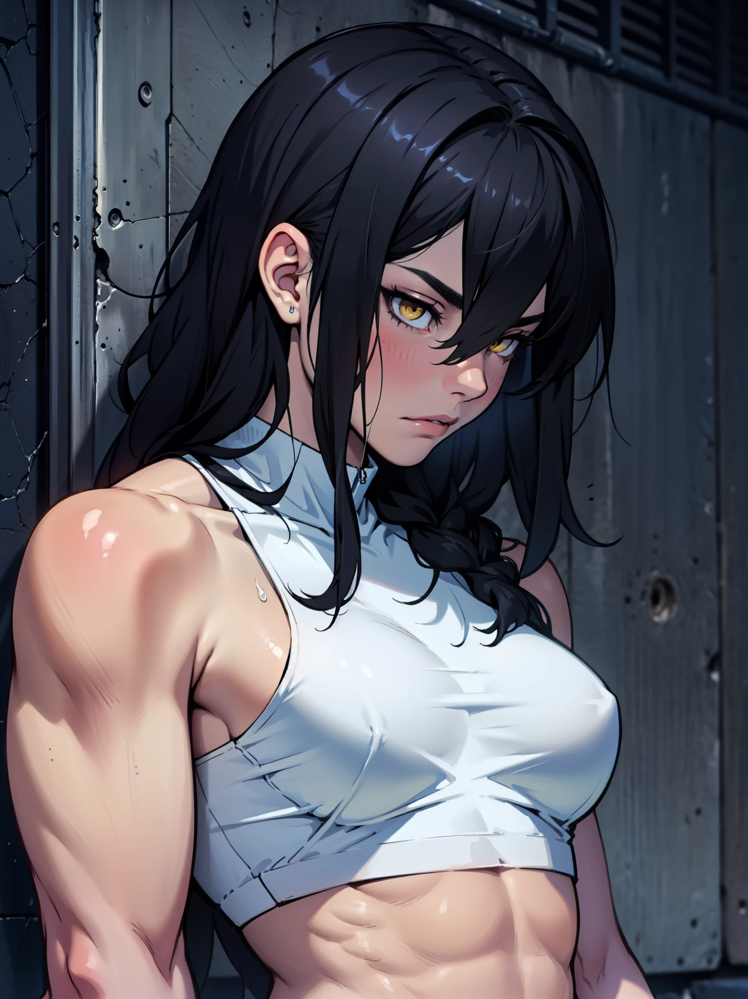 sad pale muscular girl breasts hair black hair yellow eyes extremely long hair sad