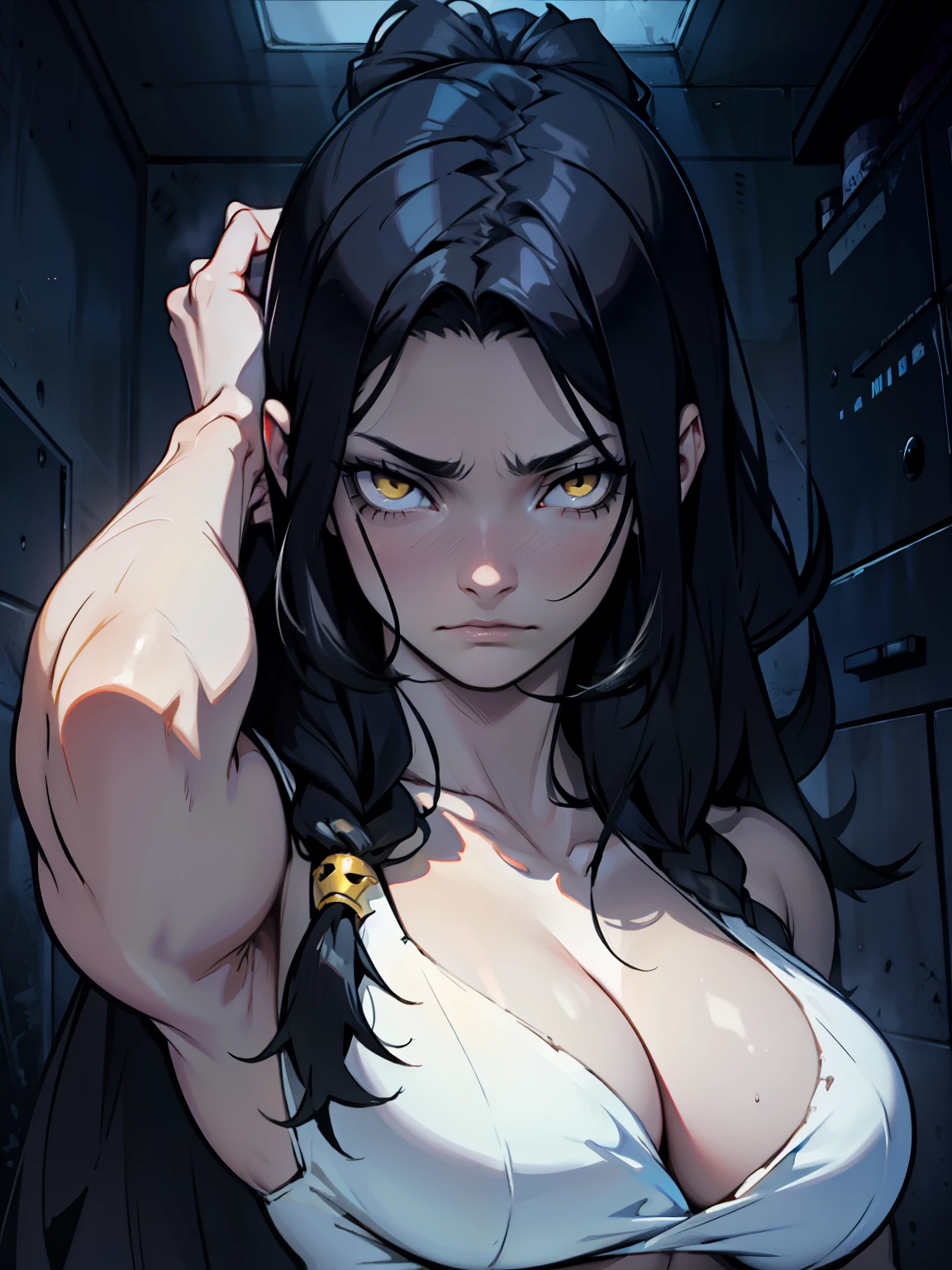 sad pale muscular girl breasts hair black hair yellow eyes extremely long hair sad dark atmosphere