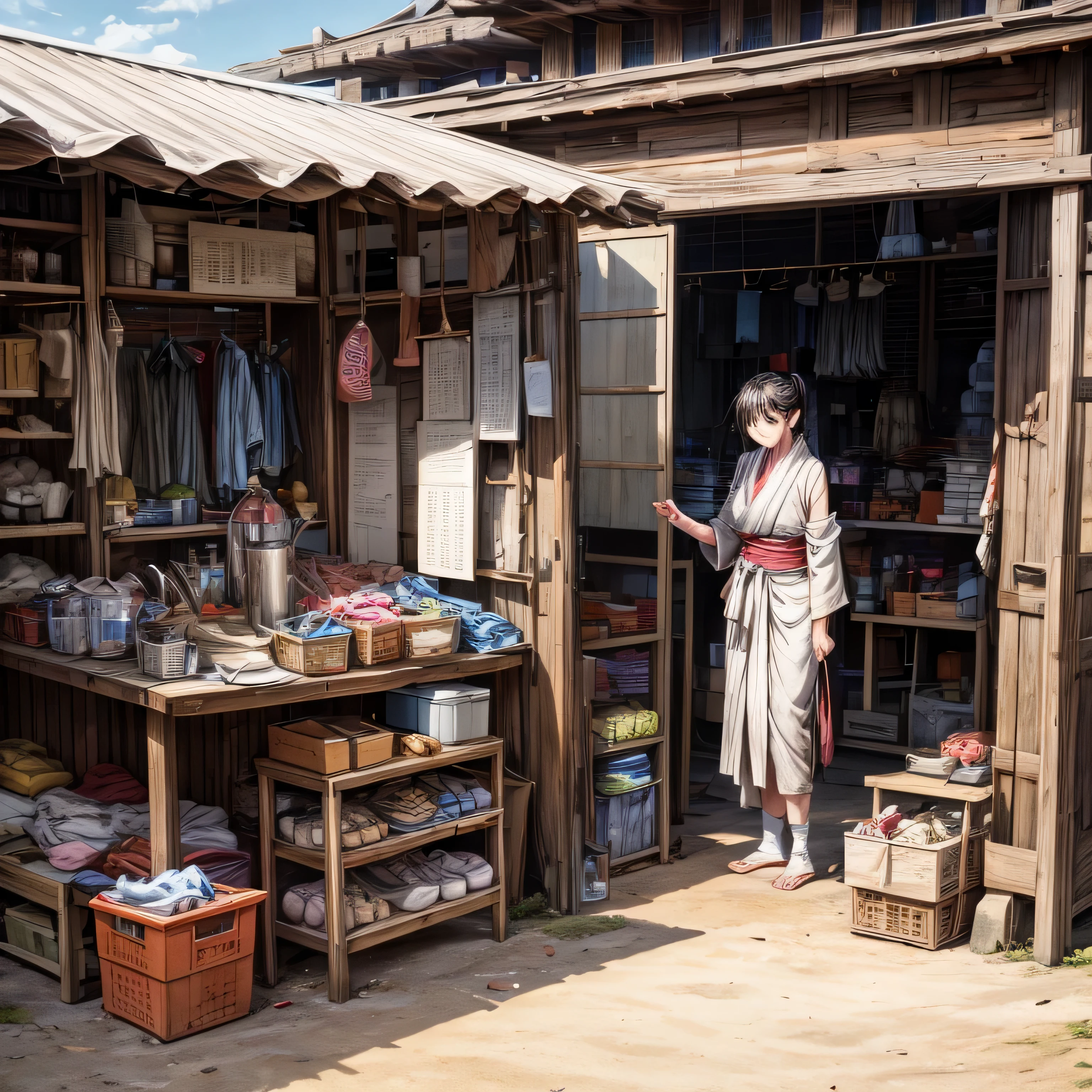 An image capturing a marketplace where common people gathered during the Nara period, A distant shot of an unattractive woman standing, Wearing worn out, dusty clothes, He has no shoes and is only wearing tabi socks.