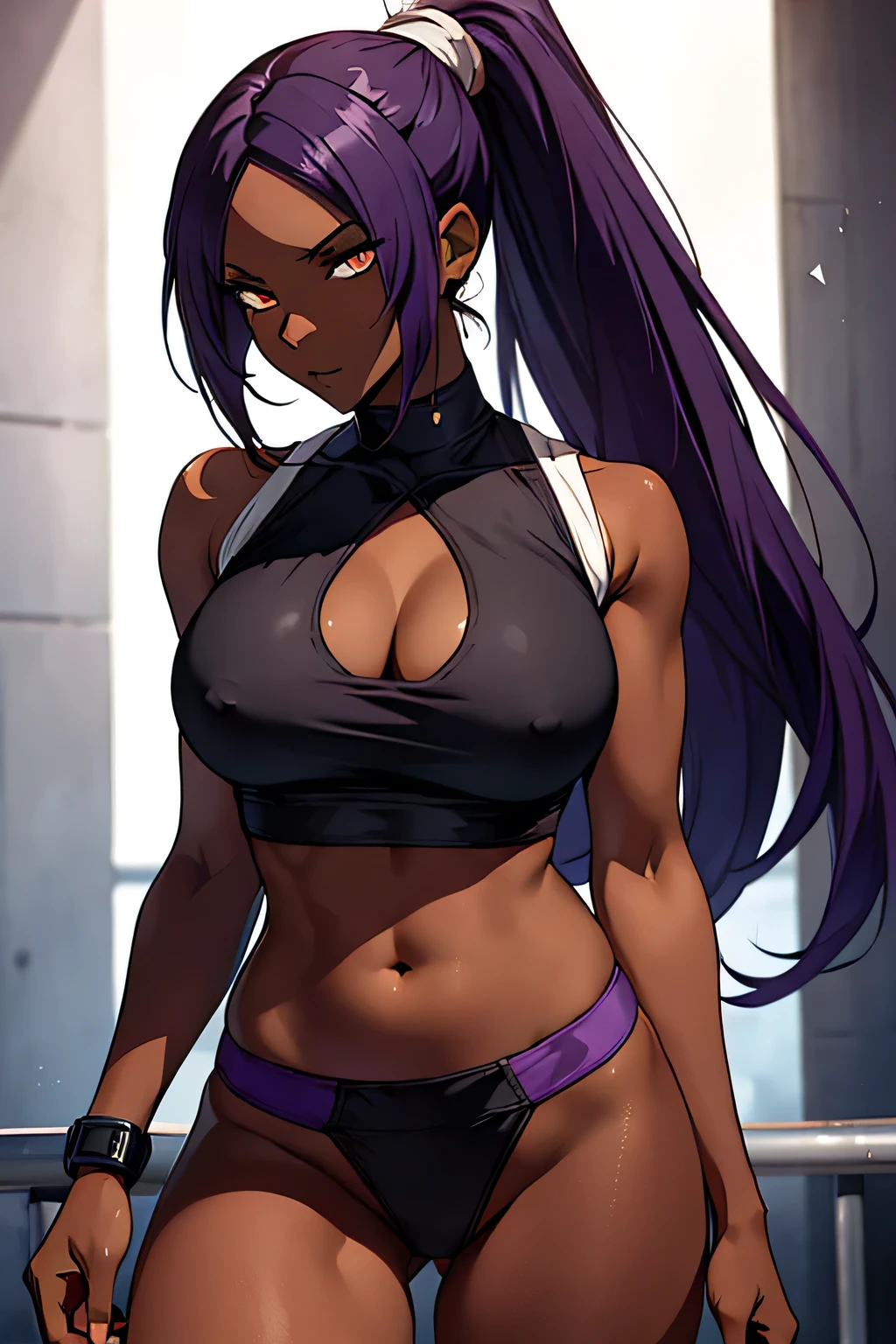 1 woman, yoruichi shihouin, dark skinned, long dark purple hair, ponytail, ((detailed eyes:1.2)), wearing tanktop, sexy, sensual, sleeveless, underboob, masterpiece, top quality, best quality, official art, beautiful and aesthetic:1.2), extreme detailed, colorful, highest detailed