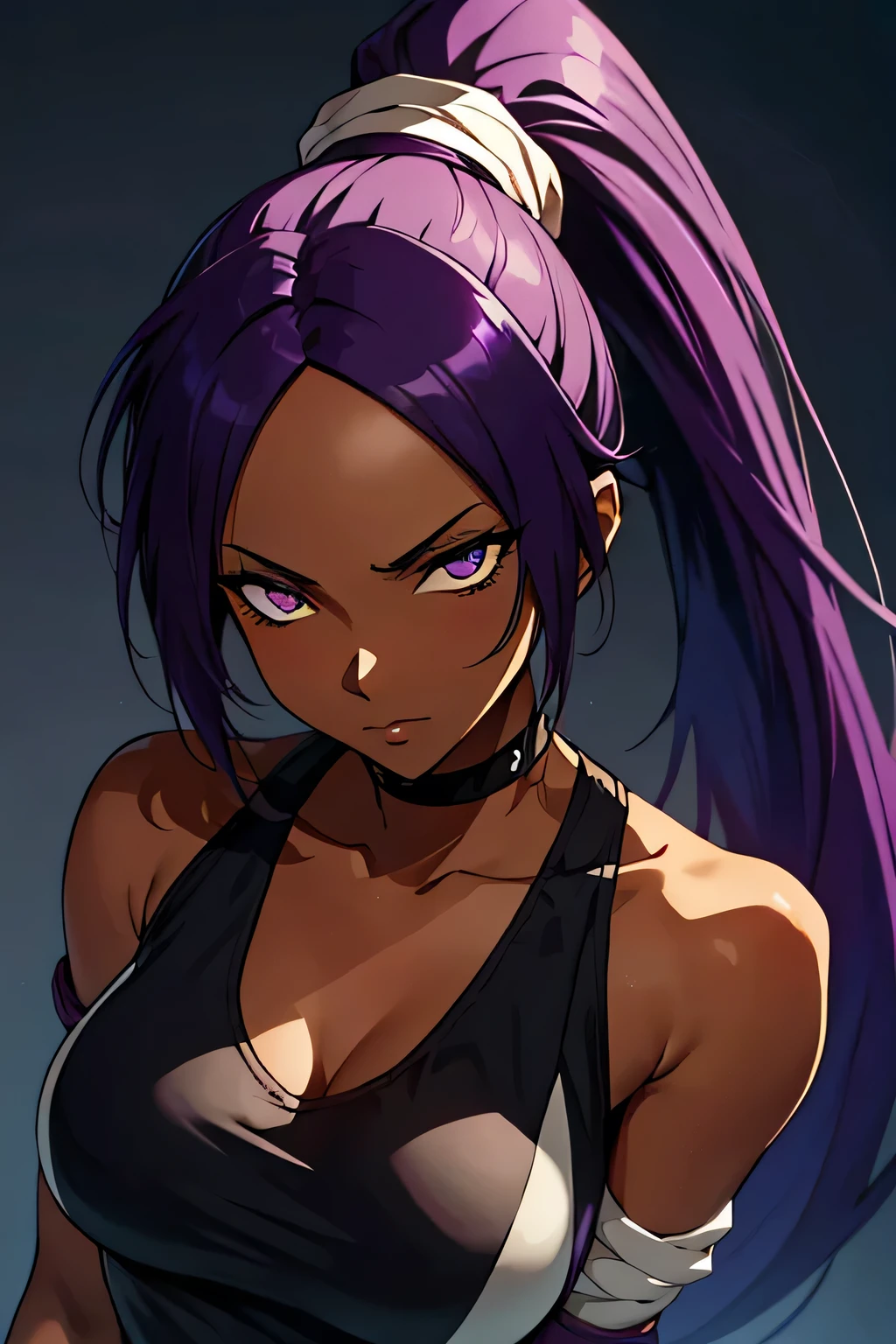 1 woman, yoruichi shihouin, dark skinned, long dark purple hair, ponytail, ((detailed eyes:1.2)), wearing tanktop, sexy, sensual, sleeveless, underboob, masterpiece, top quality, best quality, official art, beautiful and aesthetic:1.2), extreme detailed, colorful, highest detailed