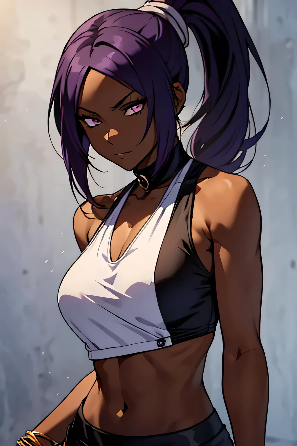 1 woman, yoruichi shihouin, dark skinned, long dark purple hair, ponytail, ((detailed eyes:1.2)), wearing tanktop, sexy, sensual, sleeveless, underboob, masterpiece, top quality, best quality, official art, beautiful and aesthetic:1.2), extreme detailed, colorful, highest detailed