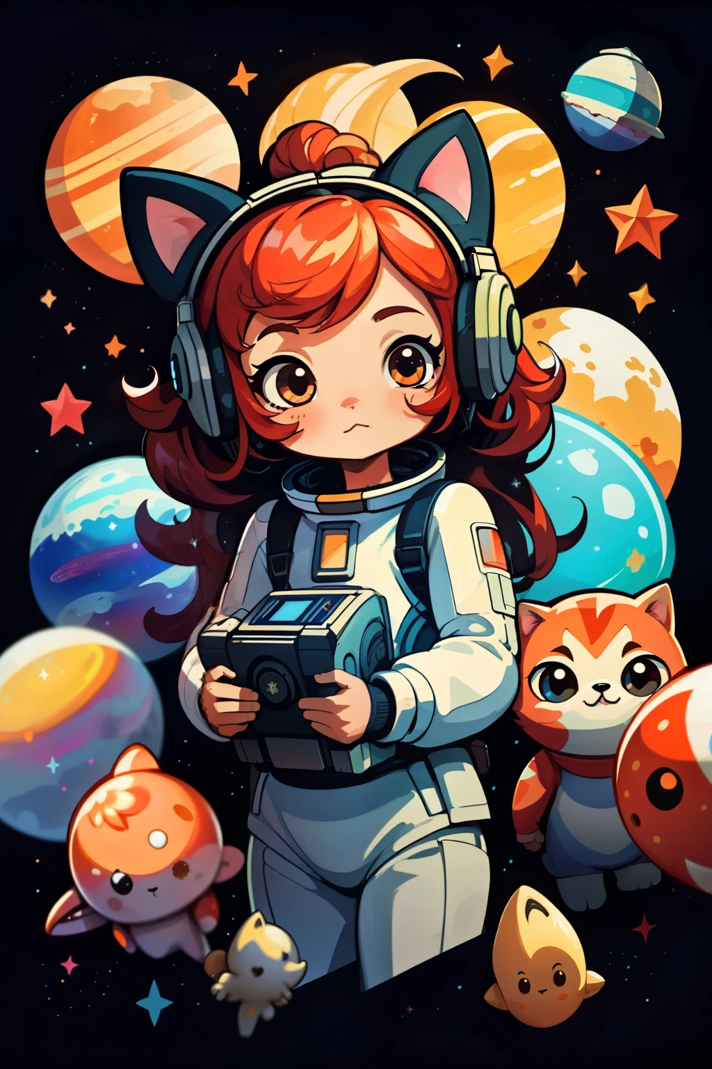 Space Exploration Scene with a Chibi Girl: A spirited chibi girl, endowed with short, vibrant red hair and adorable cat ears, is seen intricately strapped into a spacesuit, her headphones securely placed over her ears, ready for an exciting journey into the cosmos.

Amidst the backdrop of a vibrant, multicolored galaxy, various spacecrafts and satellites are visible, sparkling against the canvas of twinkling stars. The characters of this adventure are beautifully written across the spaceship window, unfolding an extraordinary tale.

As the spaceship soars through space, the scene takes on a formulaic yet captivating beauty,