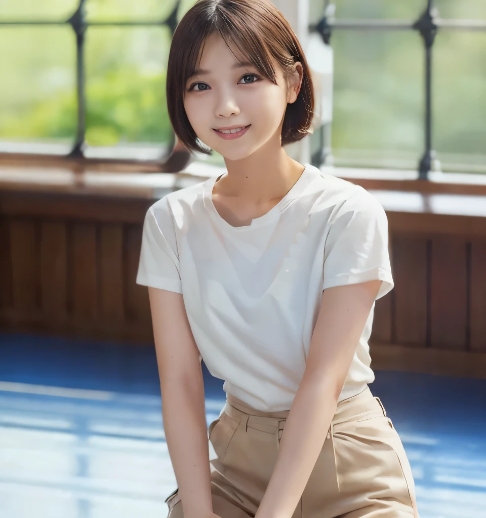 Best image quality、highest quality、masterpiece、Ultra-high resolution、8k、immature、Realistic:1.4、Professional Lighting、Cute school girl、Baby Face、Very short hair、thin、Moderate size chest cup bust、smile、Me in a tight white T-shirt、Wearing training pants、Standing in the gymnasium