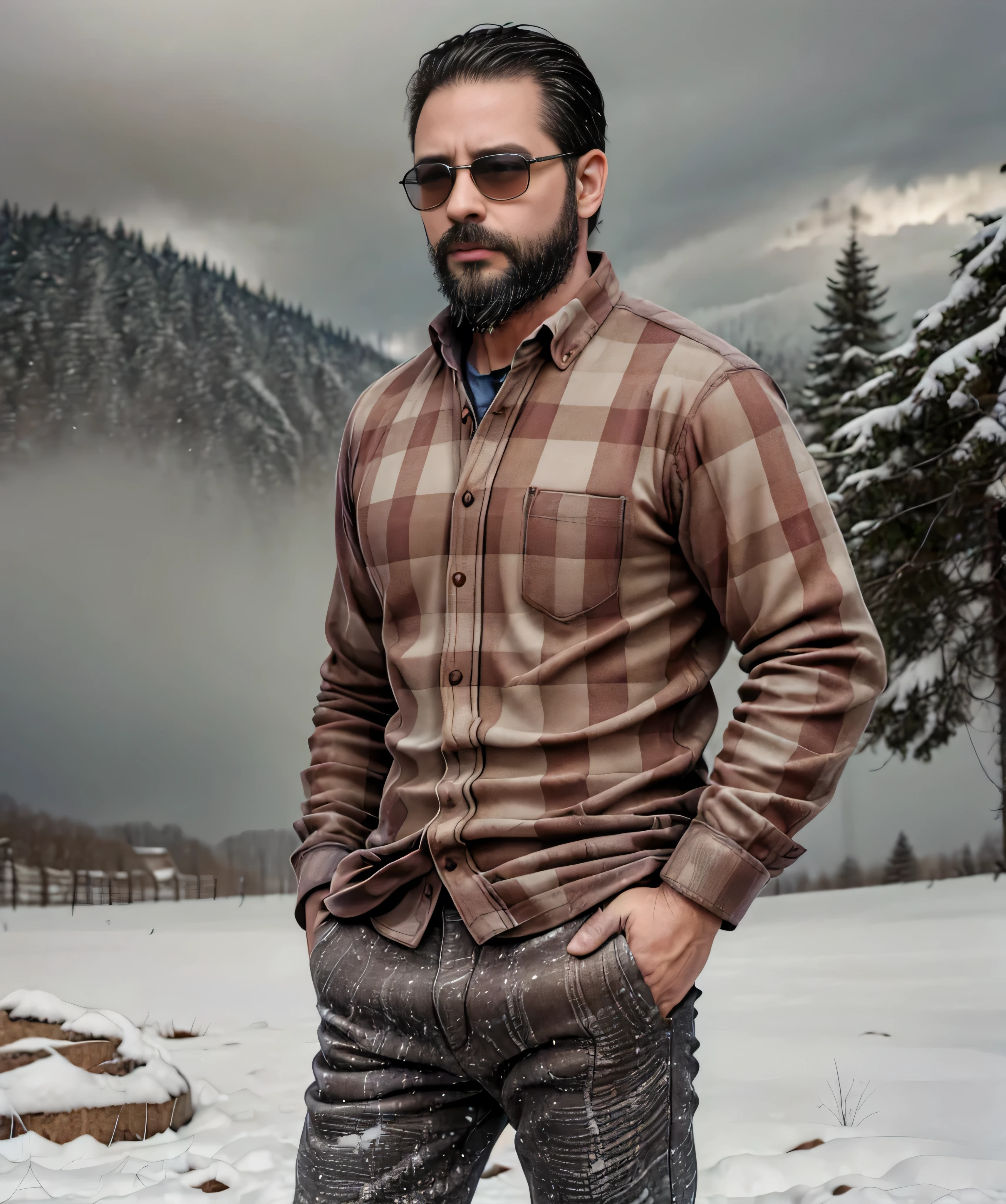 Obra maestra, desenfoque de campo, Parte superior del cuerpo, Hands in pants pockets, 38 year old man with beard and square sunglasses.. Man wearing a plaid shirt in an action movie with a snow storm in the background.