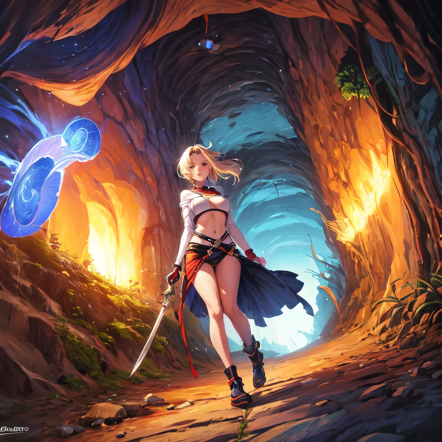 garota anime, andando em uma caverna, roupas antigas, segurando espada, escuro, sombrio, mystery, voltage