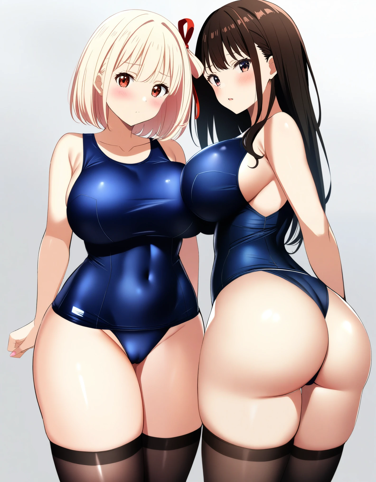 2girls, nishikigi chisato, inoue takina, lycoris recoil, couple, perfect anatomy, symmetry, sukumizu, school swimsuit, thighhighs, huge breasts, big ass, looking at viewer, shy, blush, masterpiece, best quality, very aesthetic, absurdres, anime,