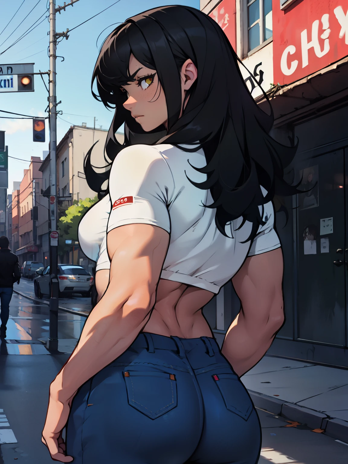 sad pale muscular girl breasts hair black hair yellow eyes extremely long hair sad girl