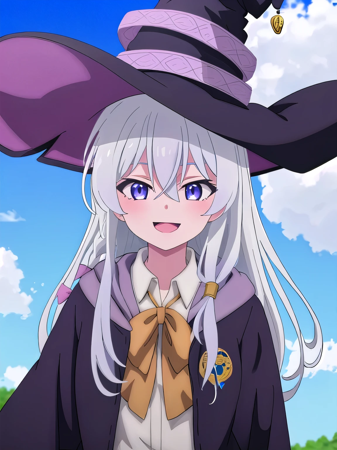 best quality, masterpiece, highres, solo, {elaina_majonotabitabi:1.15}, long_hair, bangs, hair_between_eyes, blue_eyes, closed_mouth, grey_hair, bow, white_hair, hat, witch_hat, braided_hair, black_robe,  black_headwear, purple_eyes, 1girl, blue_sky, cloud, collared_shirt, portrait, sky, day, shirt, white_shirt, smile, opened mouth, anime_coloring, standing, outdoor 