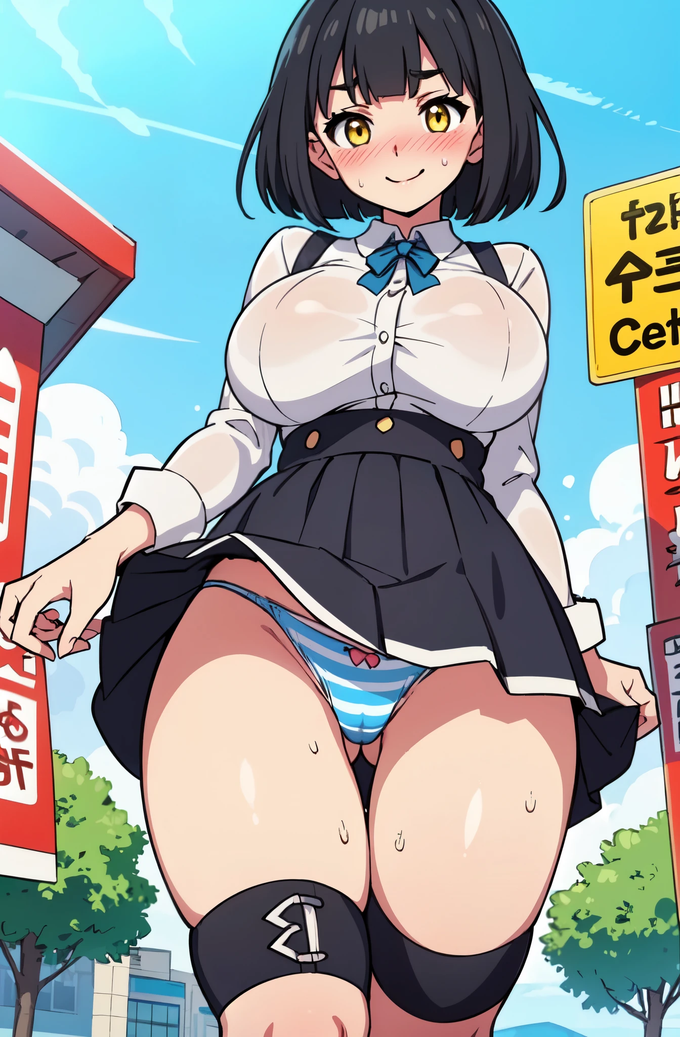 ((Table t○p, highest quality, Hi-Res Lucifer,Anime Screen Capture、Pixel perfect, 8k)))、nsfw、Perfect Anatomy、(((Huge breasts、Wide Hips、Wide ass)))、(((Bobcut、Blunt Bangs)))、(((Skirt flipped up by the wind、White Shirt、Black Mini Skirt、Blue striped panties、Skirt flipped up by the wind、Protector on knee)))、Hands on Hips、Sweat, vapor,(Yellow Eyes)、((Black Hair)), V-shaped eyebrows、 ((((smile、blush))))、(In town)