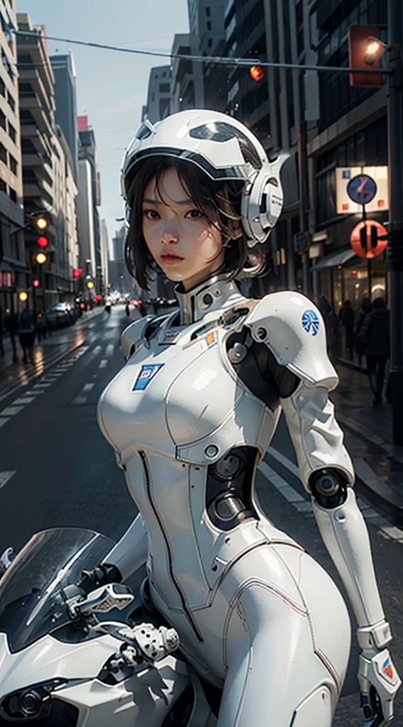 best quality, Excellent details, Ultra-high resolution, (Honesty: 1.4), Best Illustration, Offer details, complex 3d rendering very detailed beautiful ceramic silhouette female robot face, robot, parts, Highly concentrated 1girl, Beautiful face, Dressed in white mechs, Wearing a mecha helmet, Hold the directional controller, Riding a motorcycle, High-tech illuminated urban highway scene with a future city in the background, light,