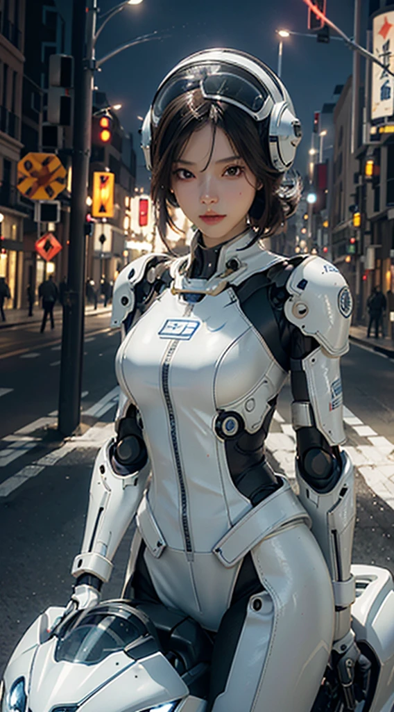 best quality, Excellent details, Ultra-high resolution, (Honesty: 1.4), Best Illustration, Offer details, complex 3d rendering very detailed beautiful ceramic silhouette female robot face, robot, parts, Highly concentrated 1girl, Beautiful face, Dressed in white mechs, Wearing a mecha helmet, Hold the directional controller, Riding a motorcycle, High-tech illuminated urban highway scene with a future city in the background, light,