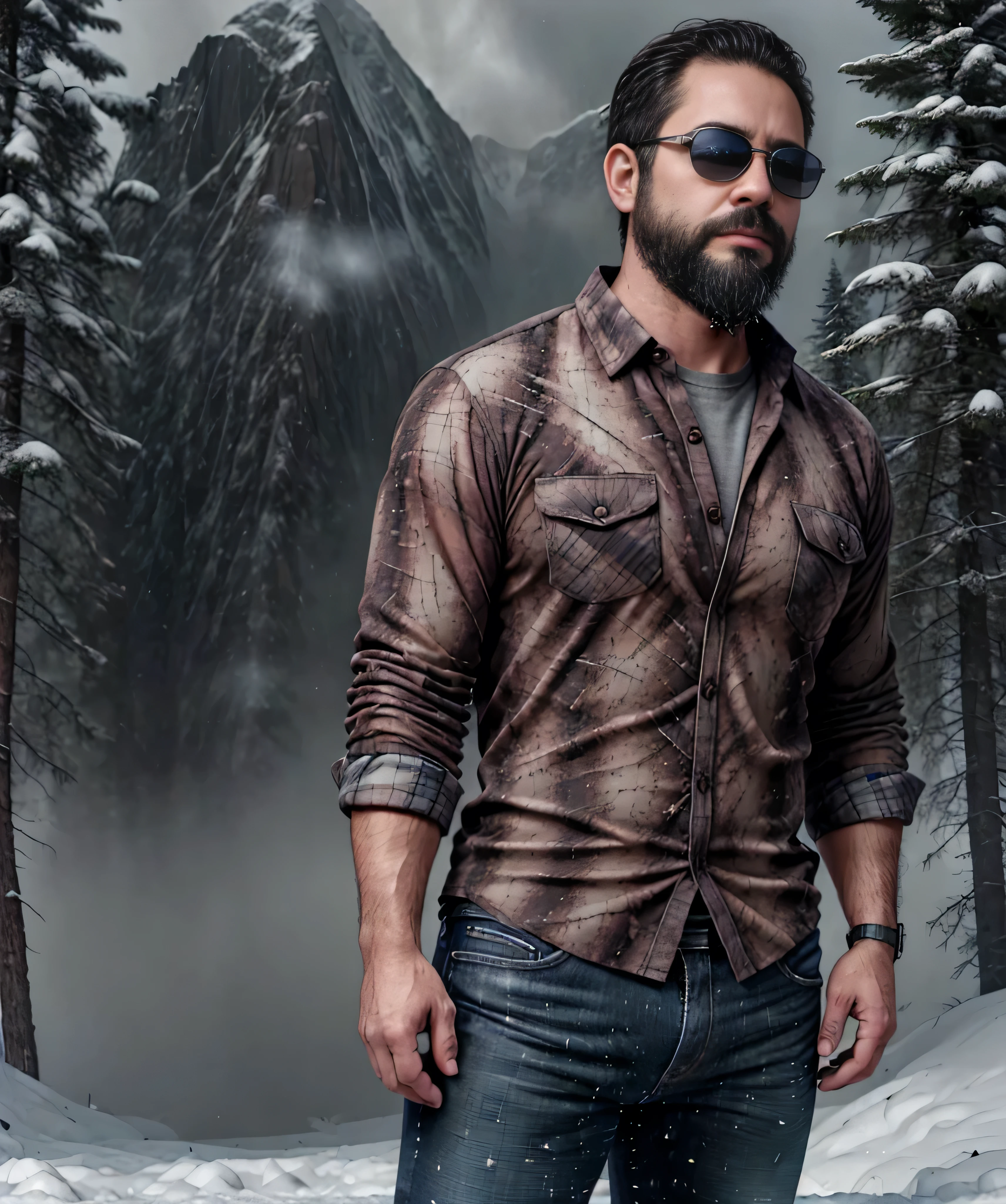 Obra maestra, desenfoque de campo, Parte superior del cuerpo, Hands in pants pockets, 38 year old man with beard and square sunglasses.. Man wearing a plaid shirt in an action movie with a snow storm in the background.