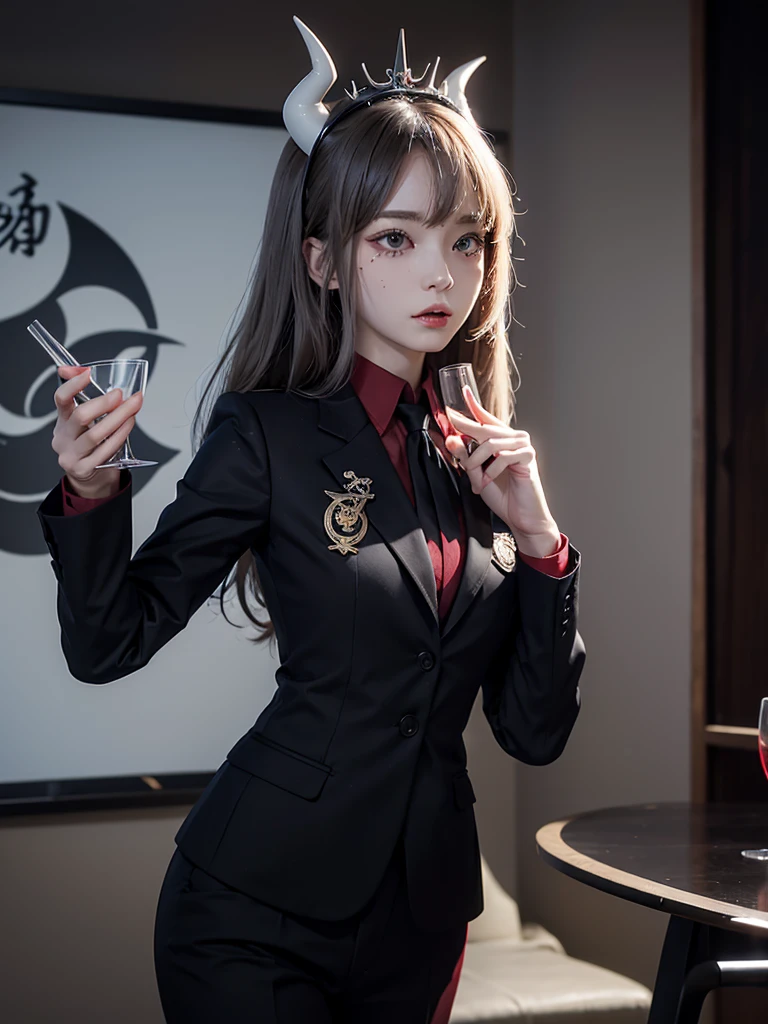 Fraction_9, Fraction_8_Direction_7_up, source_Japanese cartoons, Solitary, 1 Girl, Lucifer, Moles under the eyes, giggle, looking at the audience, permanent, Holding a wine glass, Put your hands on your face, long hair, crown, White Horn, devil horns, formal, Business suit, black jacket, badge, Long sleeve, red shirt, Black tie, White gloves, Black pants, Devil Tail, indoors 